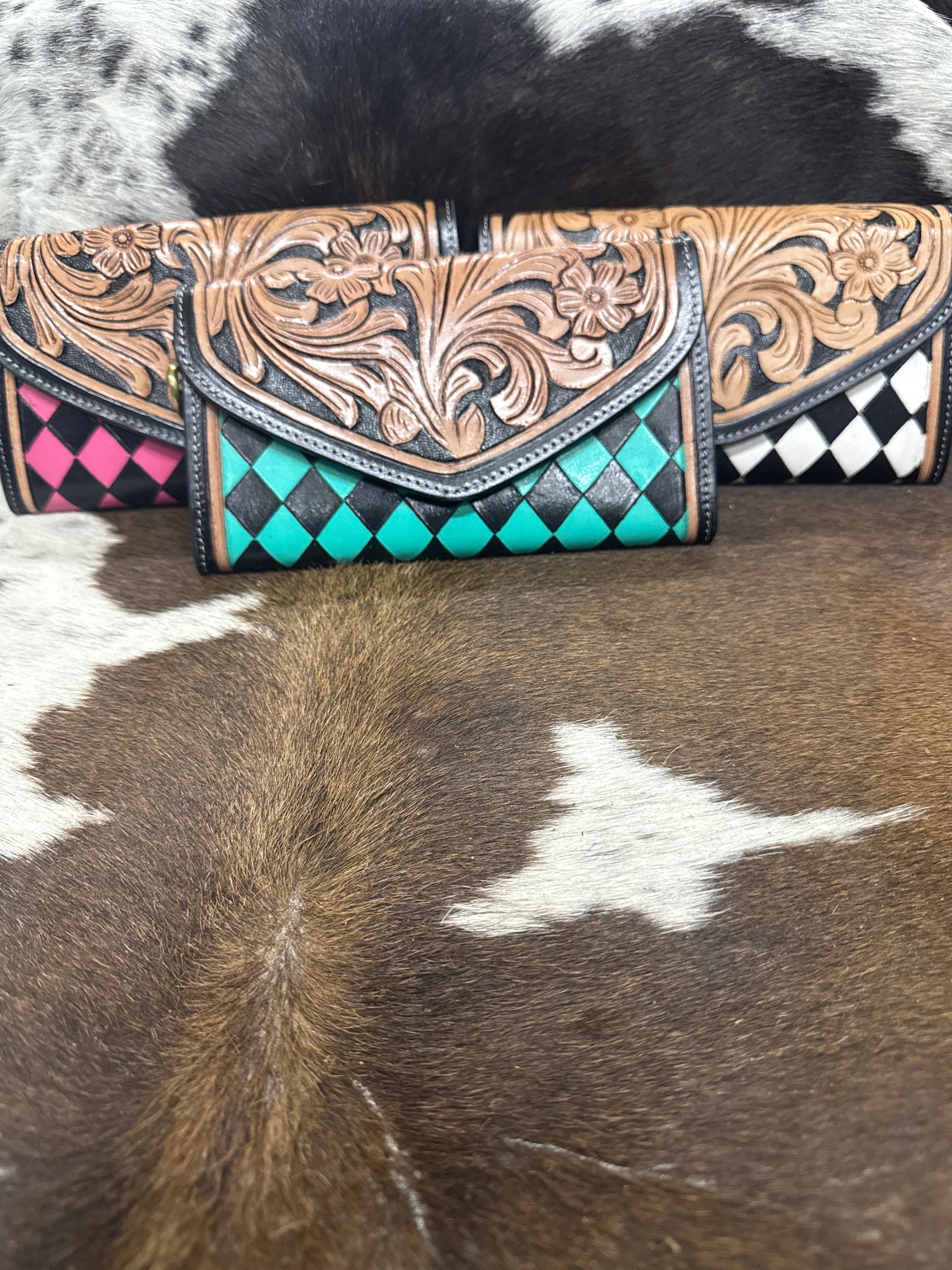 Checker Tooled Leather wristlet Wallet