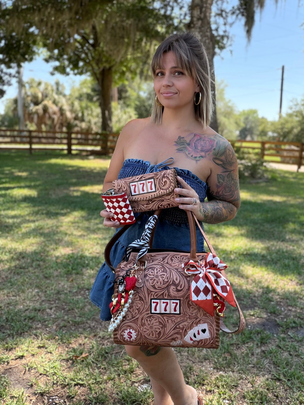 “ Lucky 7s” Brown tooled leather speedy (L) by the Painted Porches