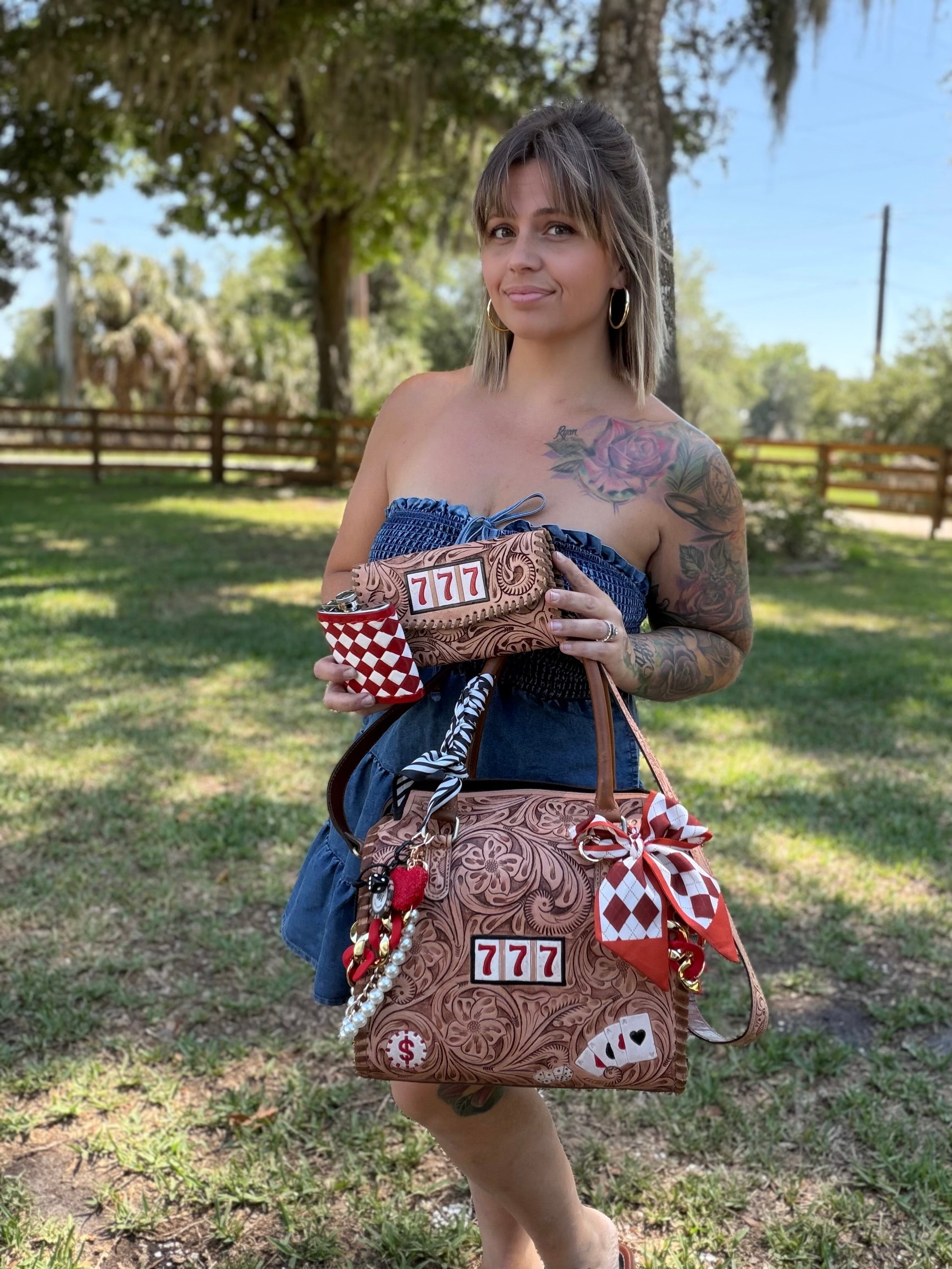 “ Lucky 7s” Brown tooled leather speedy (L) by the Painted Porches