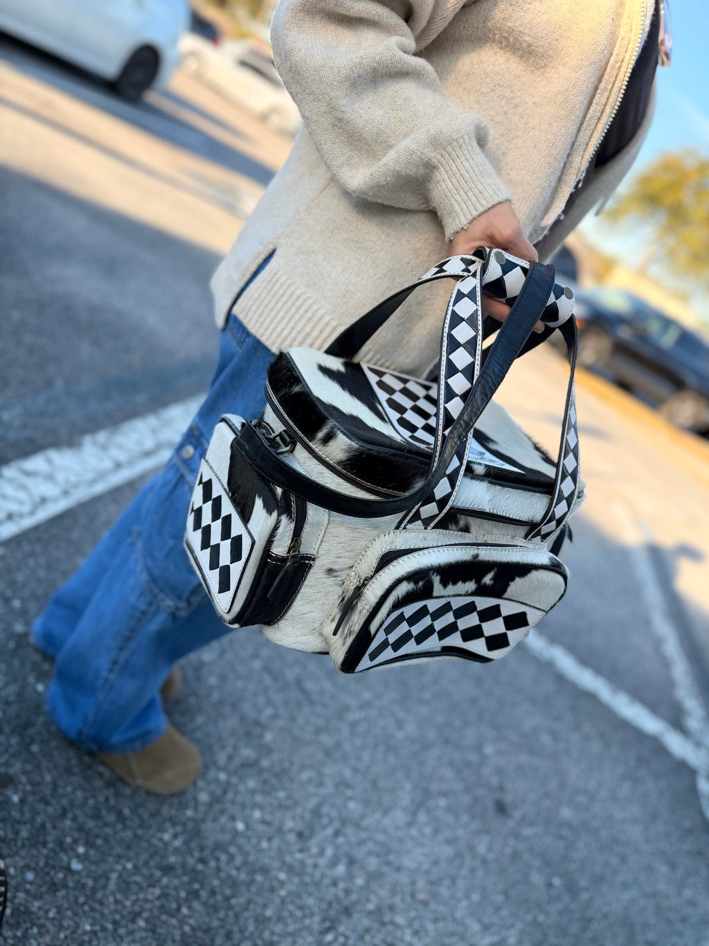 CHECKER TOOLED leather/ cowhide Lunch bag