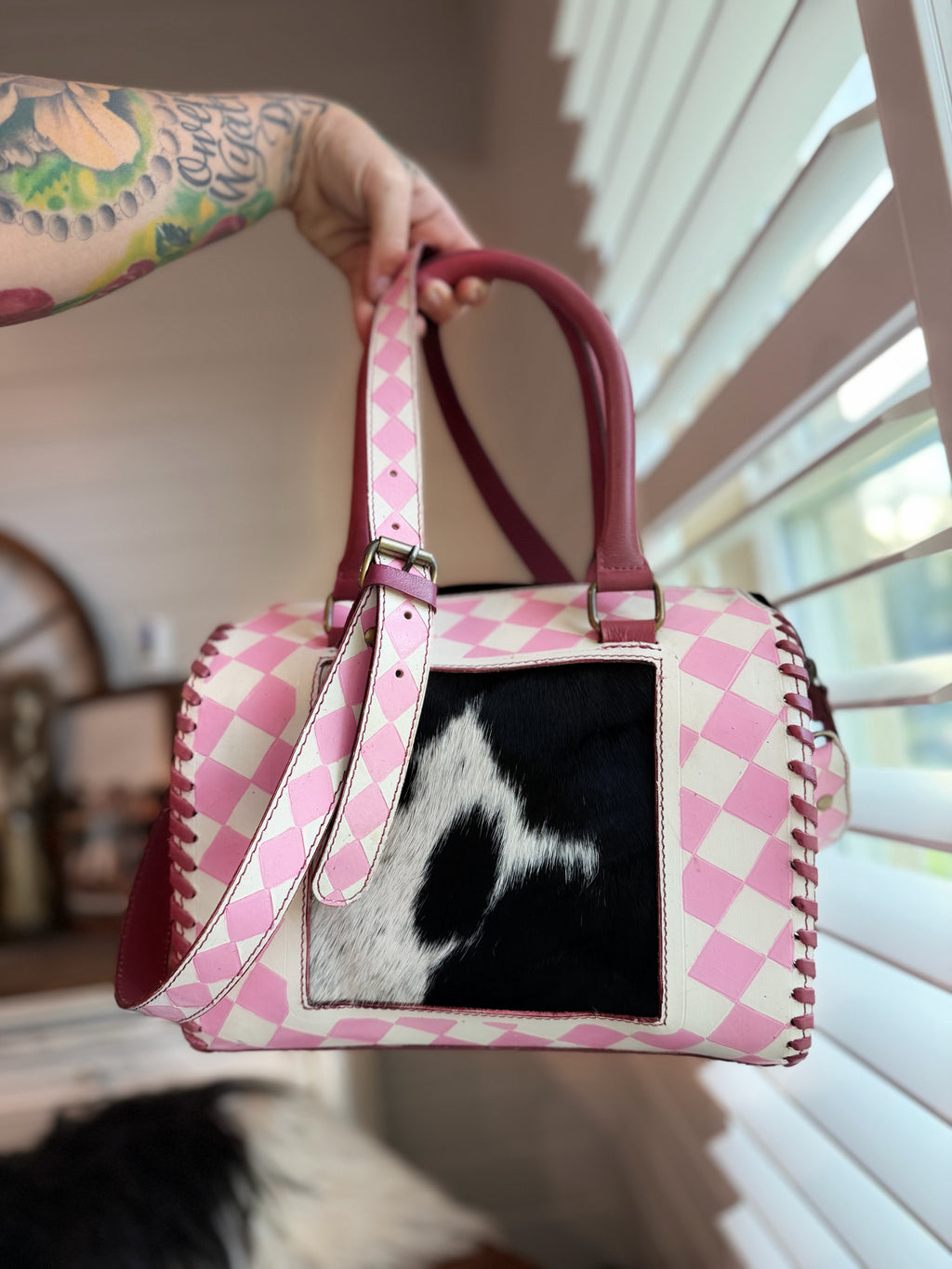 Light pink/white checker tooled leather / Cowhide -  speedy ( 2 sizes avail )