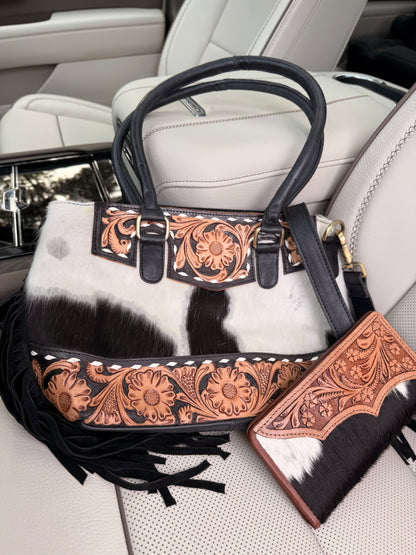 Tooled leather and cowhide Crossbody purse and wallet
