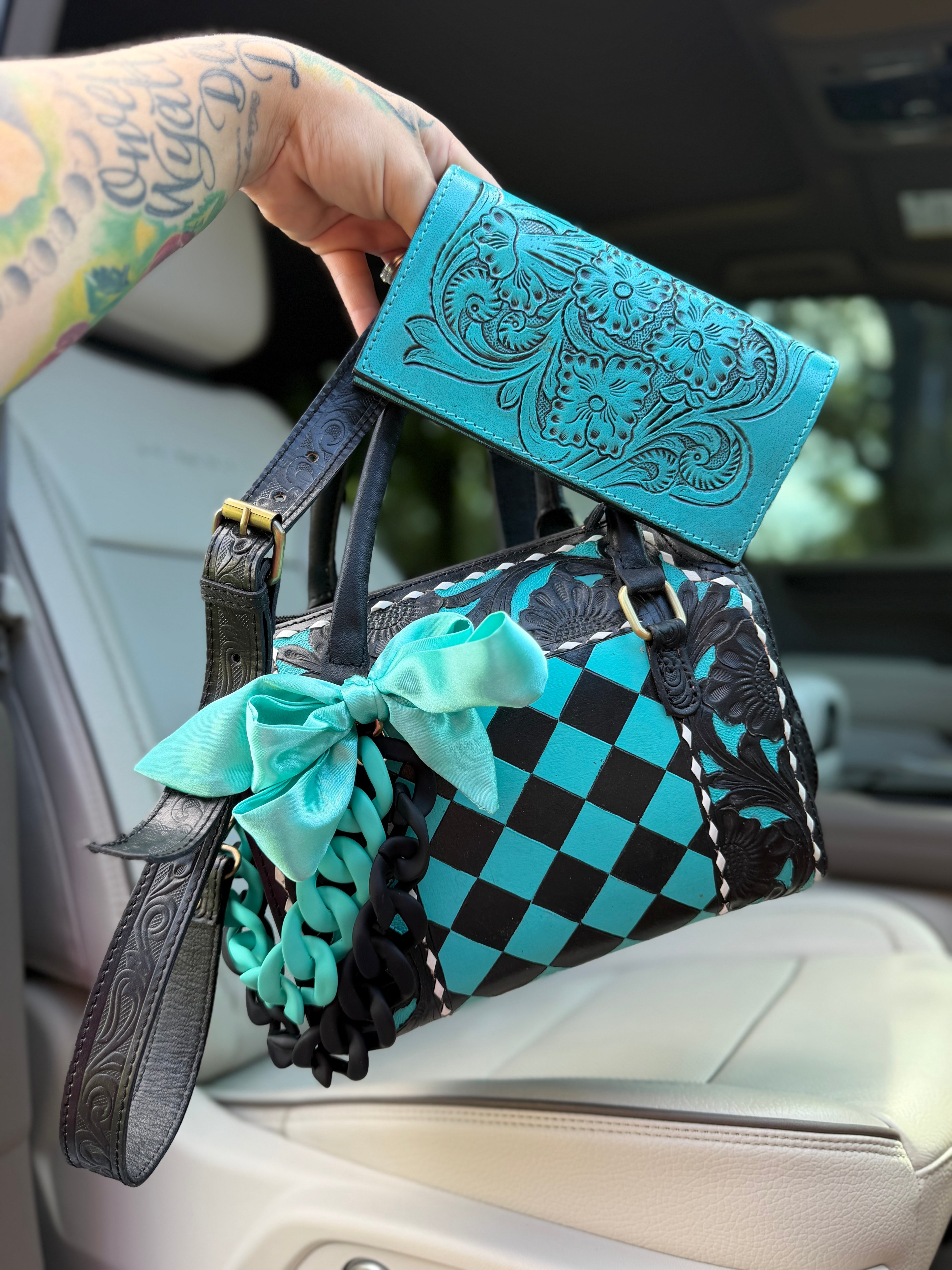 Electric teal/black checker tooled leather speedy (M) and wallet