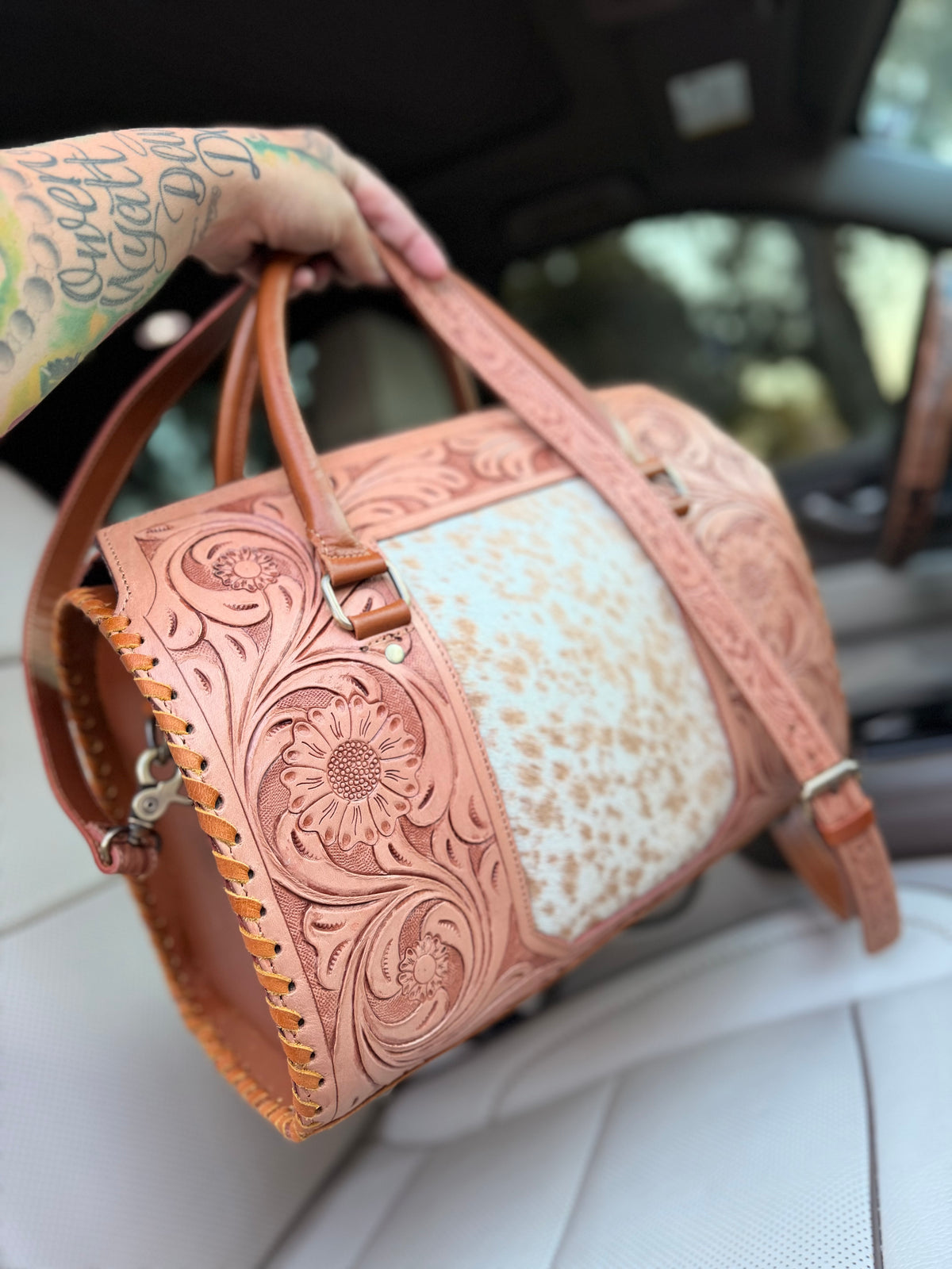 Cowhide tooled leather speedy duffle (L)