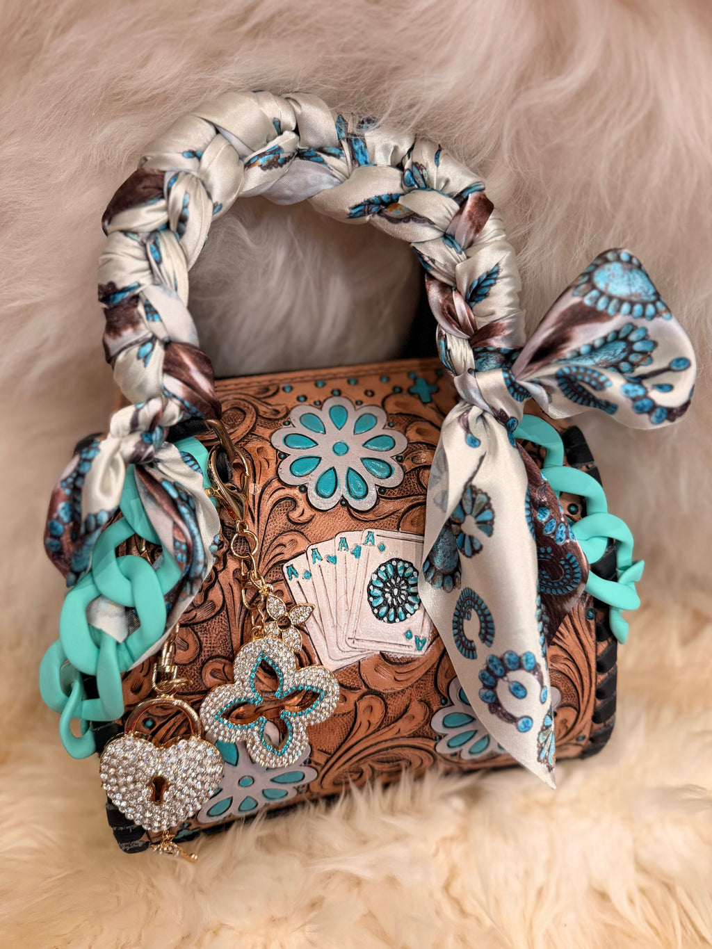 “Pocket full of Aces" - tan tooled leather speedy (mini)