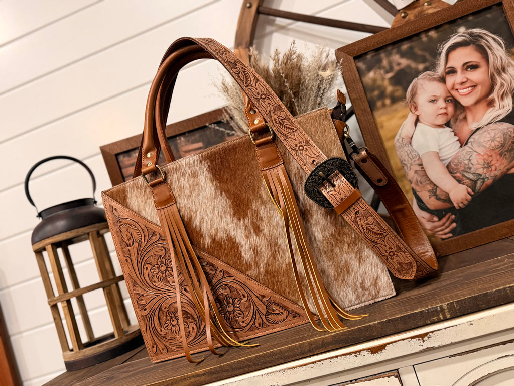 Cowhide and Tooled leather tote bag with fringe- (M)