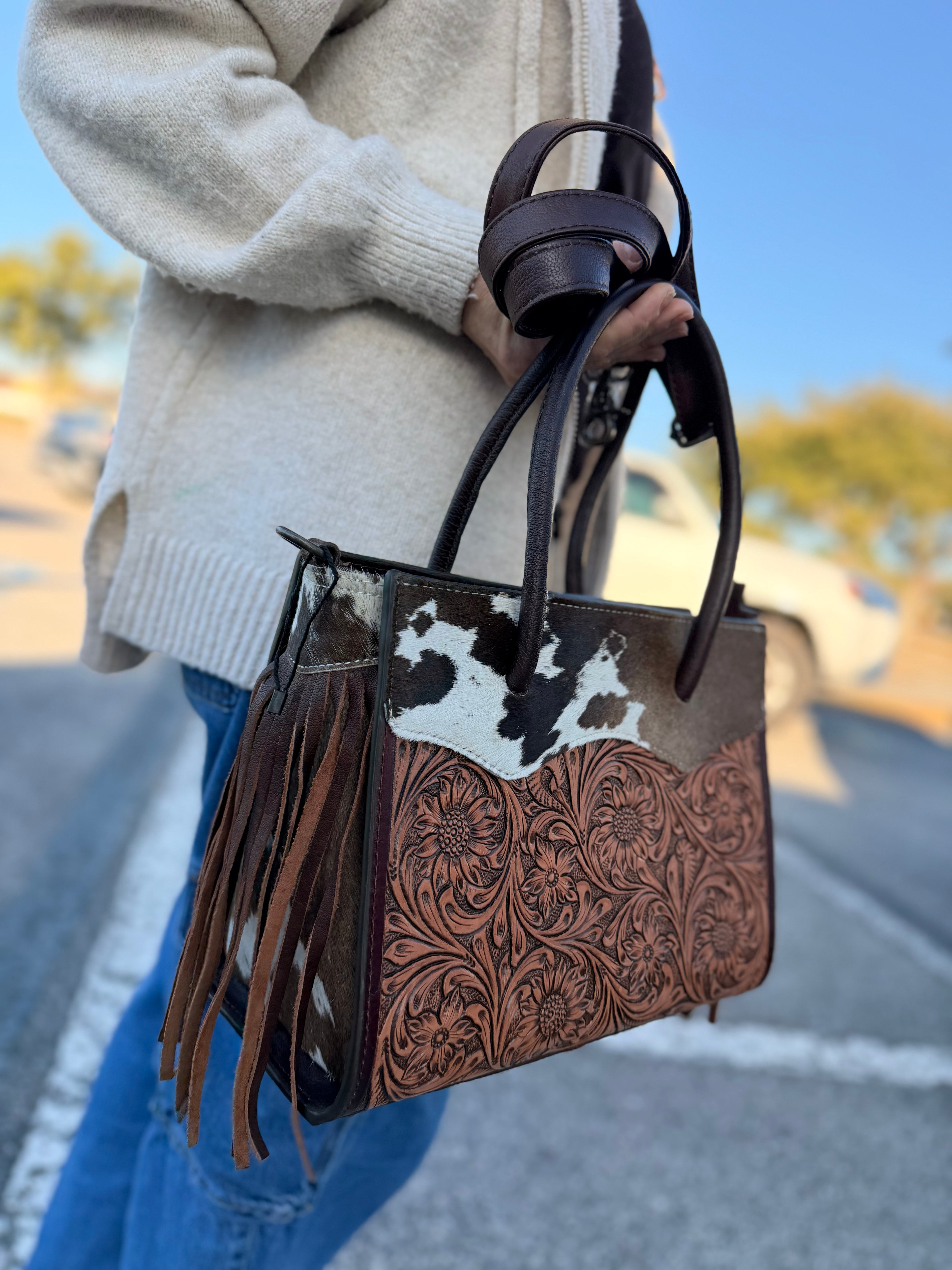 The “Mandie” tooled fringe tote checker  bag - by the Painted Porches