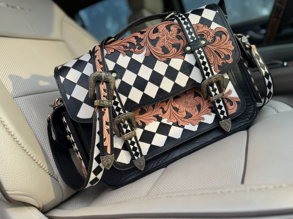 Laptop or overnight tooled leather -  black/white checker  bag