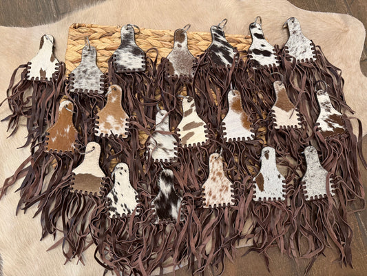 Cowhide fringe large keychains free engraving!!!