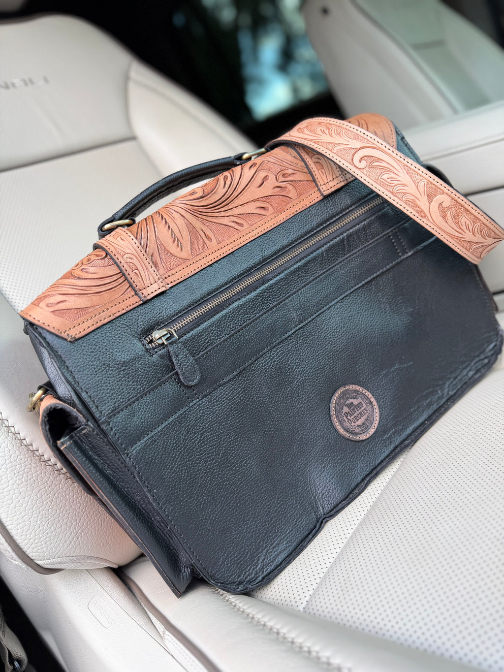 Laptop or overnight tooled leather -  tan with BLACK leather