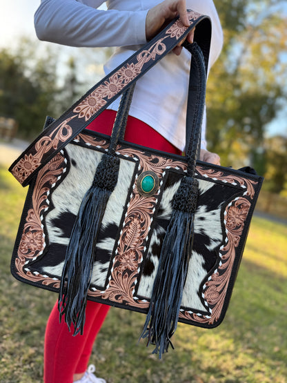 Large cowhide and tooled leather fringe Tote bag