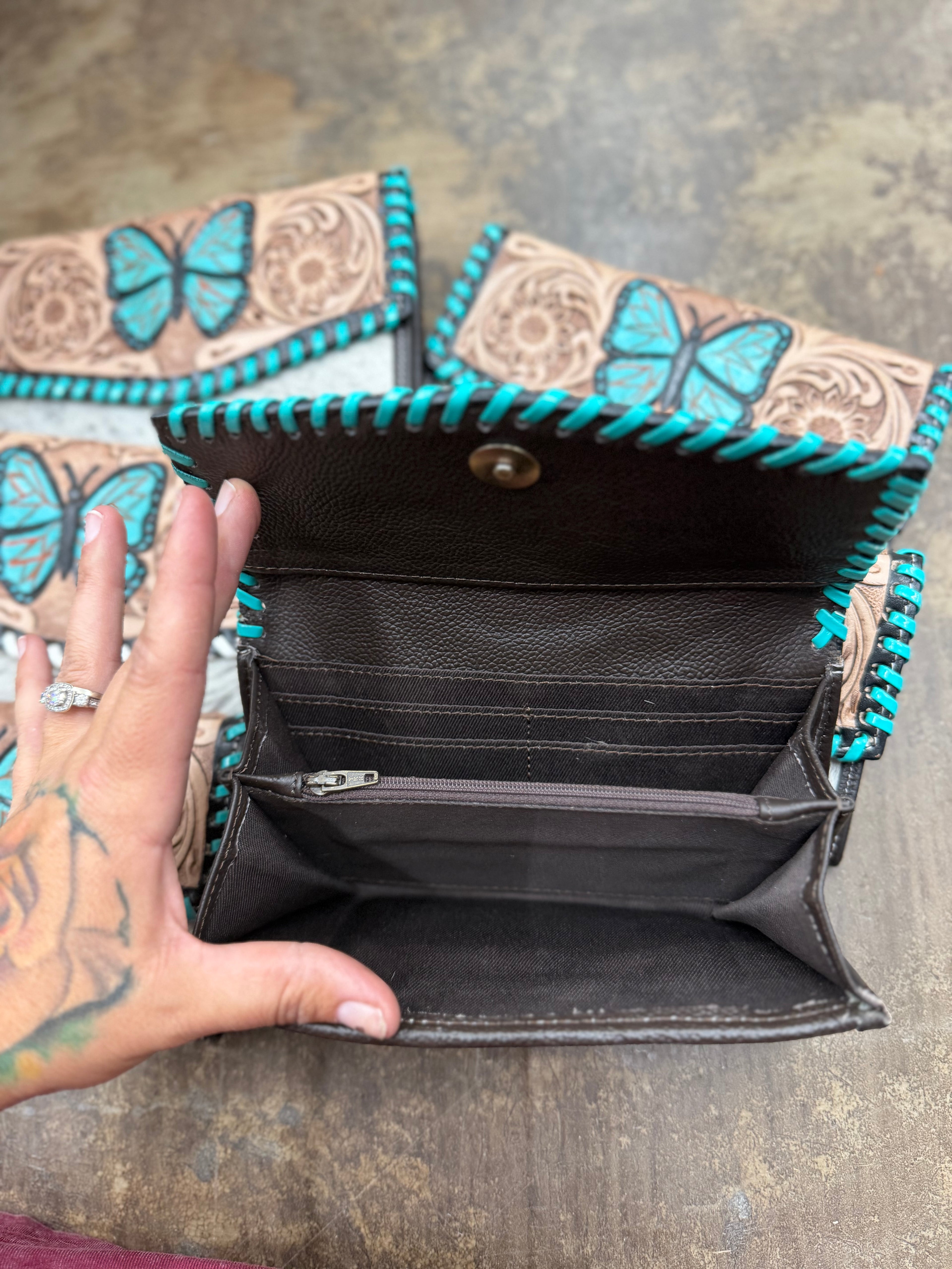 Turquoise butterfly leather wallet