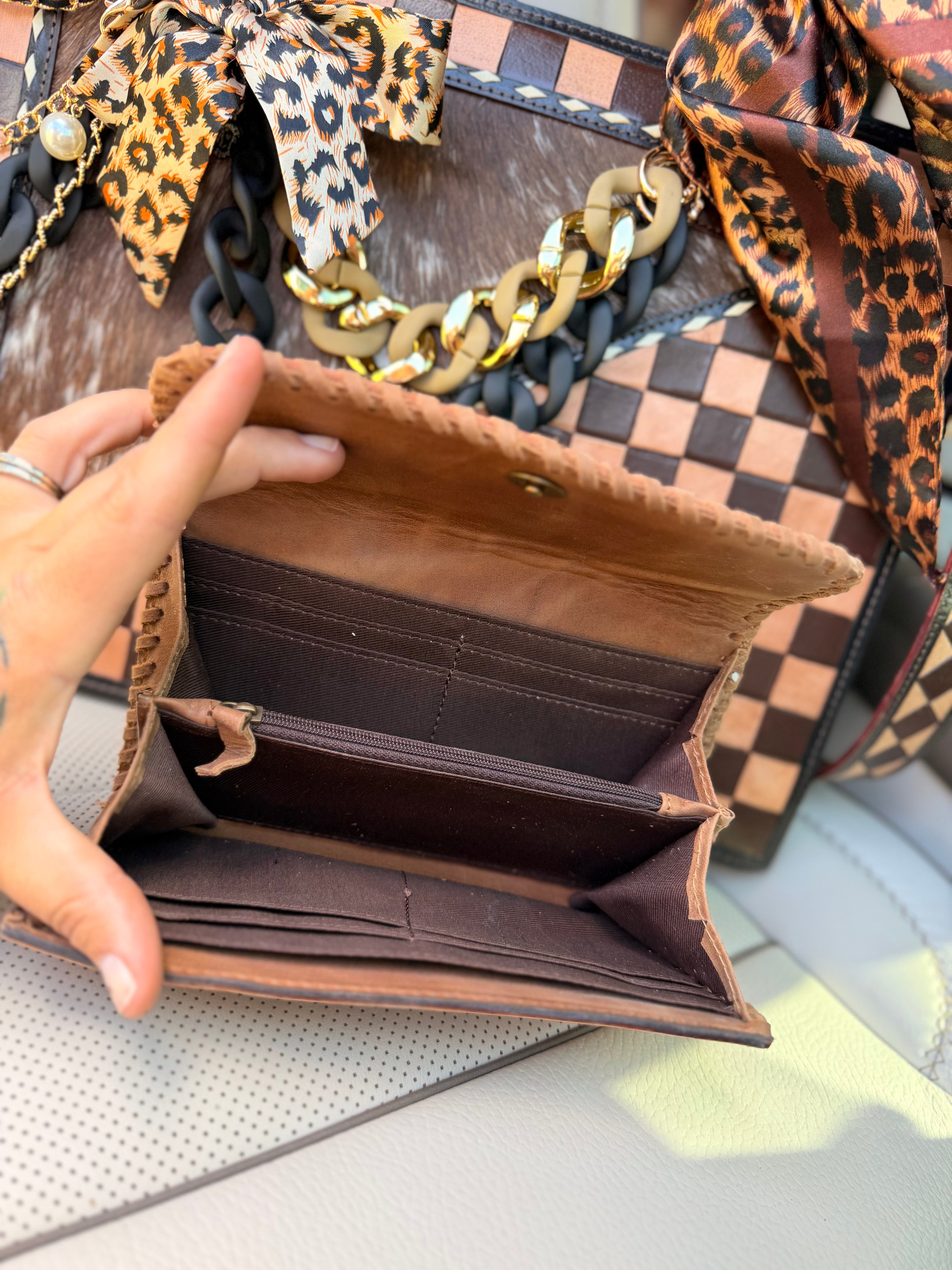 "Bourbon & Blush" Dressed cowhide and brown checker tote bag/ wallet combo