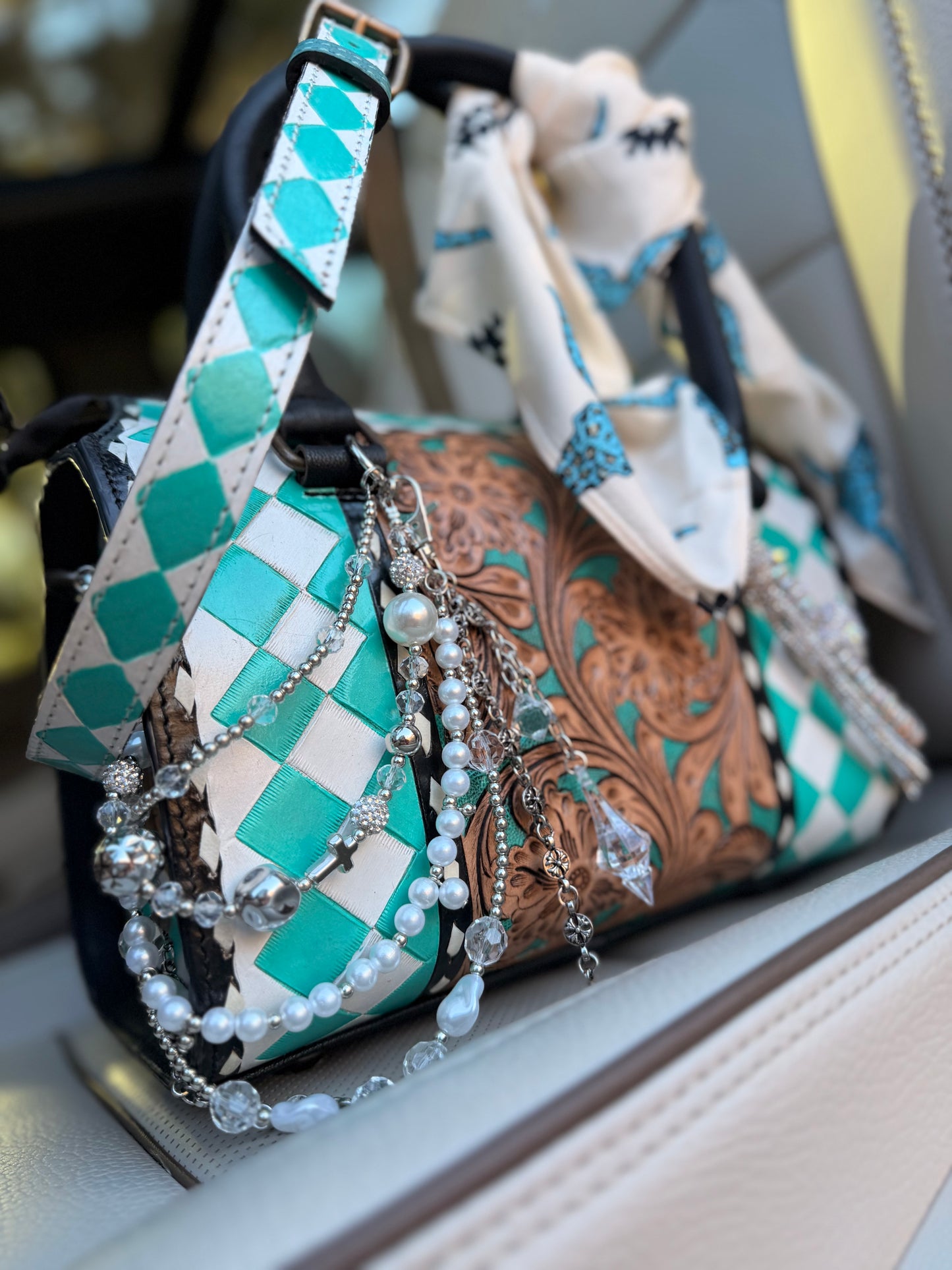 “Pearls at High Noon”- teal and white  tooled leather speedy (M)