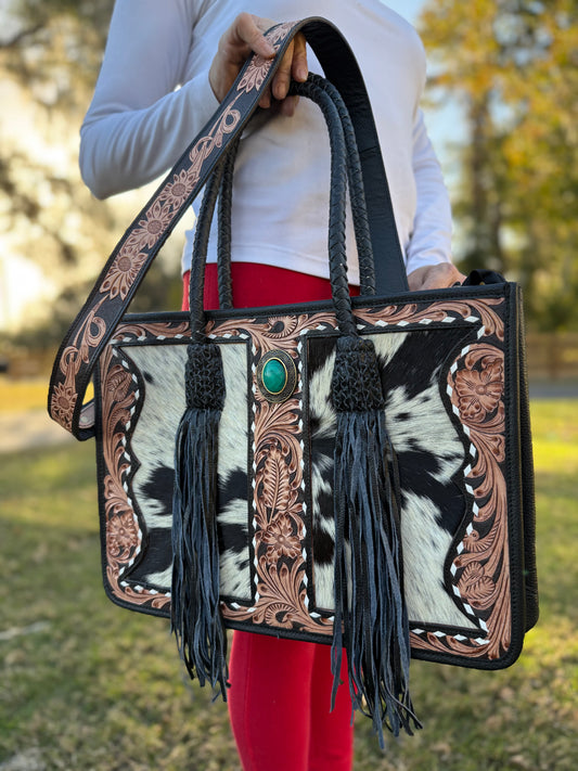 Large cowhide and tooled leather fringe Tote bag