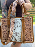 Tooled leather tote bag with fringe- light