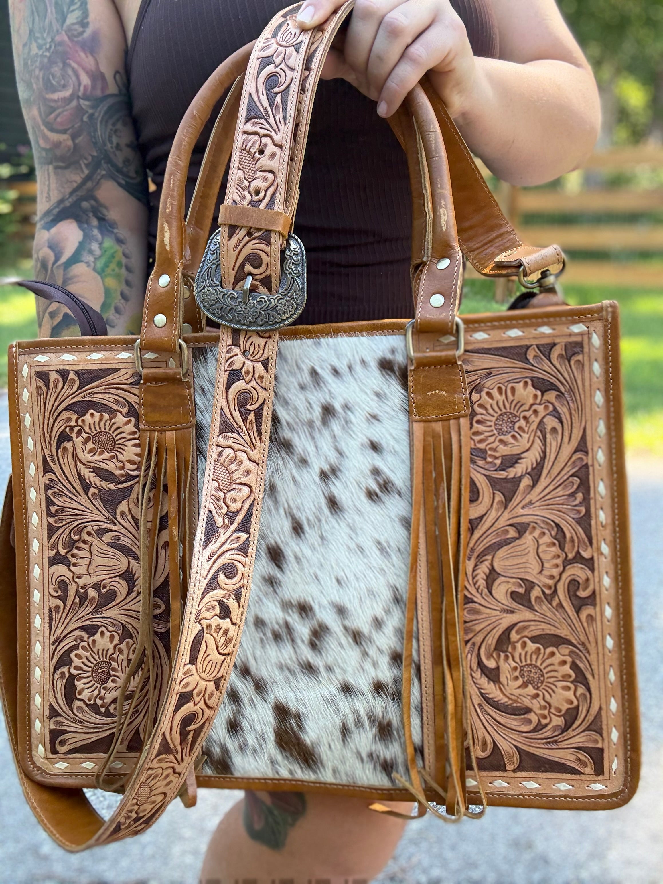 Tooled leather tote bag with fringe- light