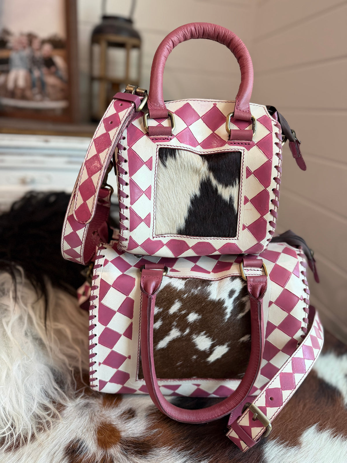 Dark pink/white checker tooled leather / Cowhide -  speedy ( 2 sizes avail )