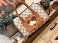 The Sweet Caroline 🤍🤎 gray / white checker sunflower tooled leather speedy duffle (L)