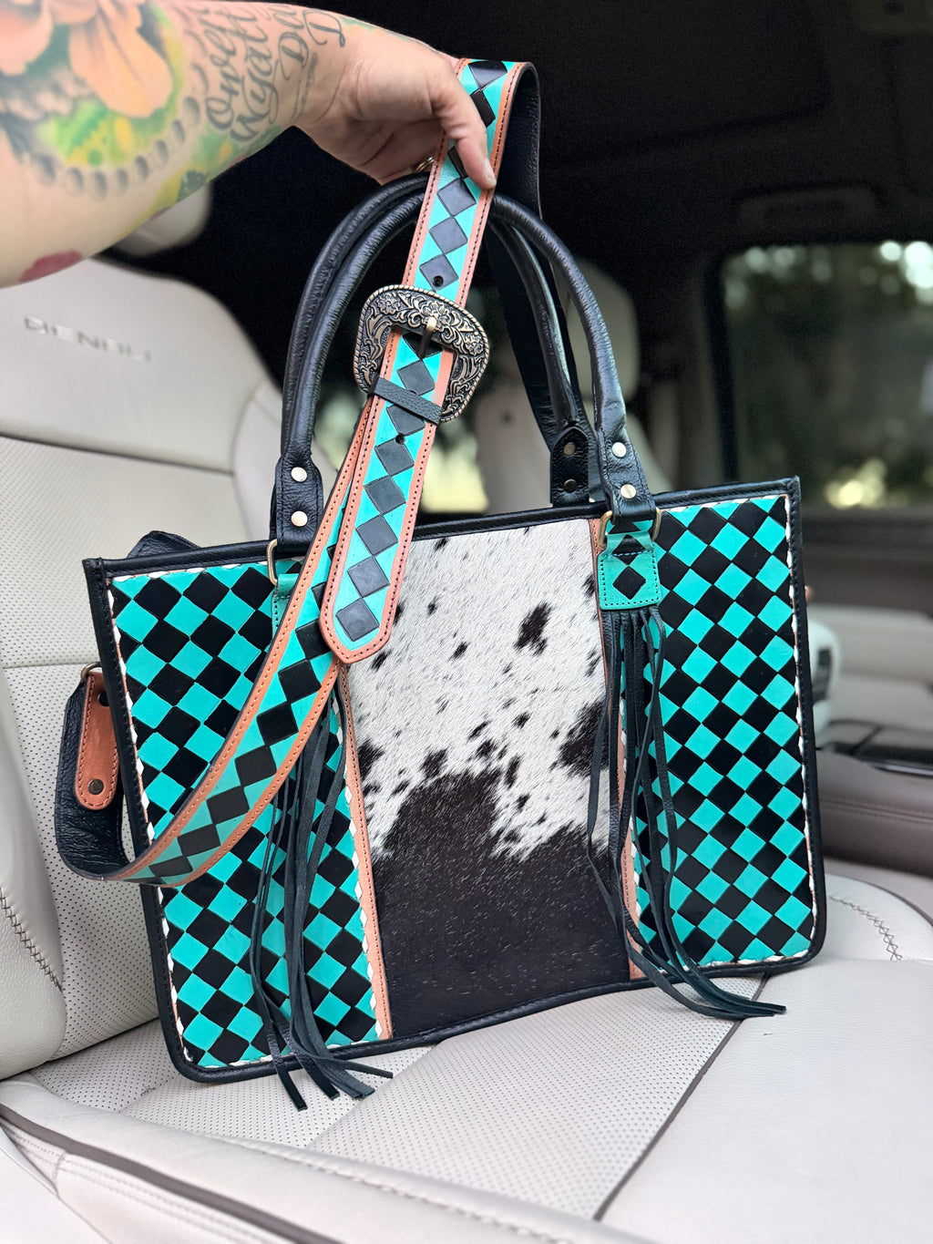Cowhide and teal checker Tooled leather tote bag with fringe-