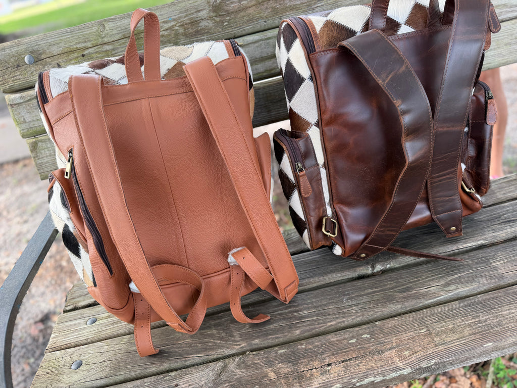 Patchwork cowhide bookbag
