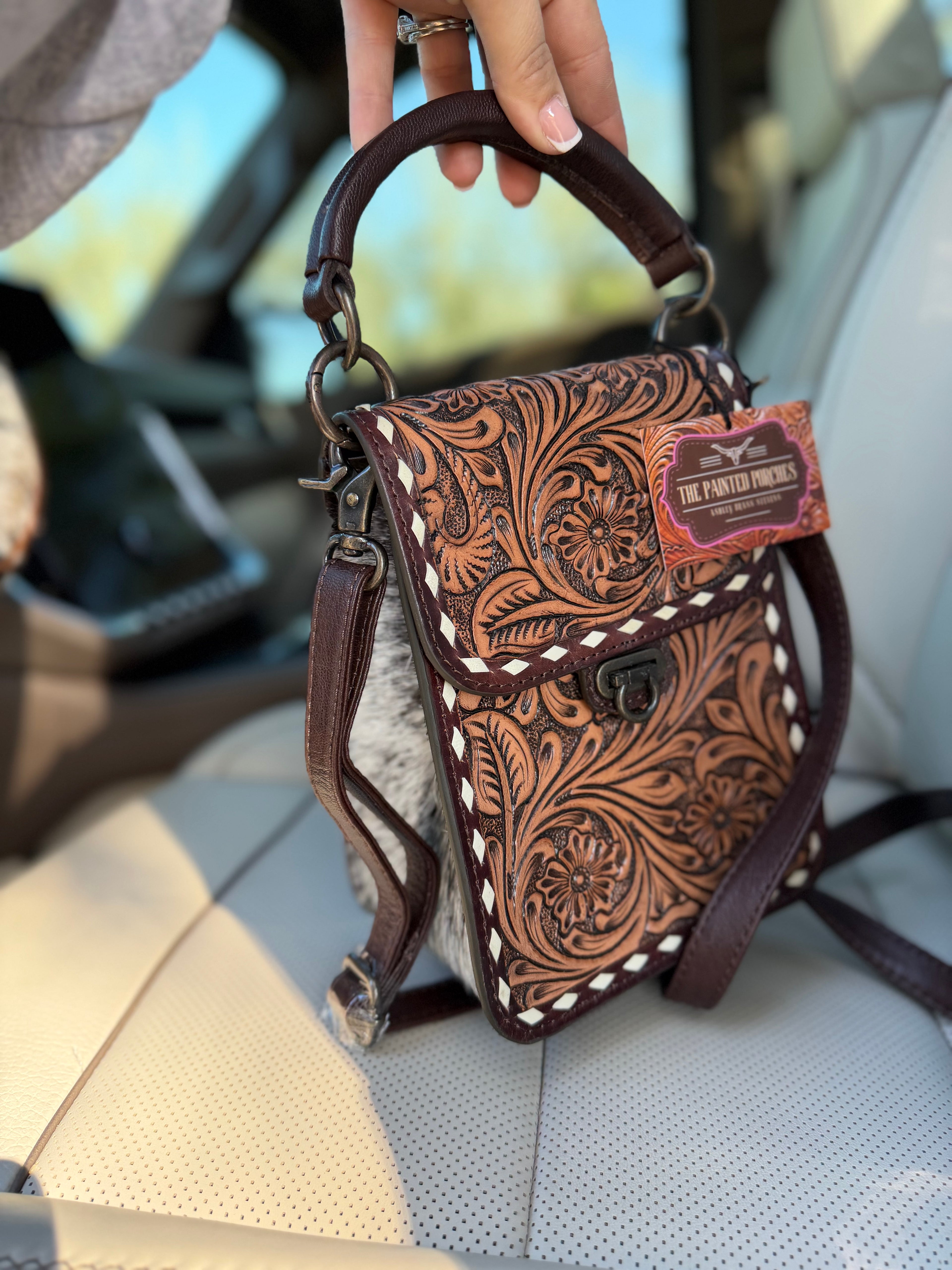 “Petunia” Tooled leather sling purse - by the Painted Porches