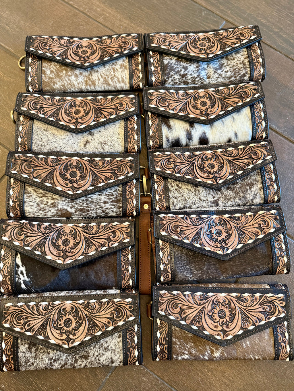 Cowhide tooled leather wallet clutch wristlet