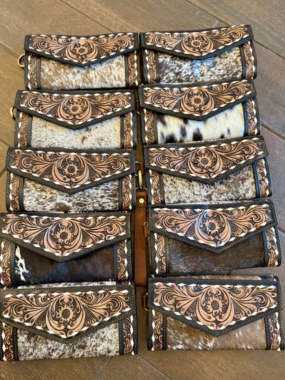 Cowhide tooled leather clutch wristlet