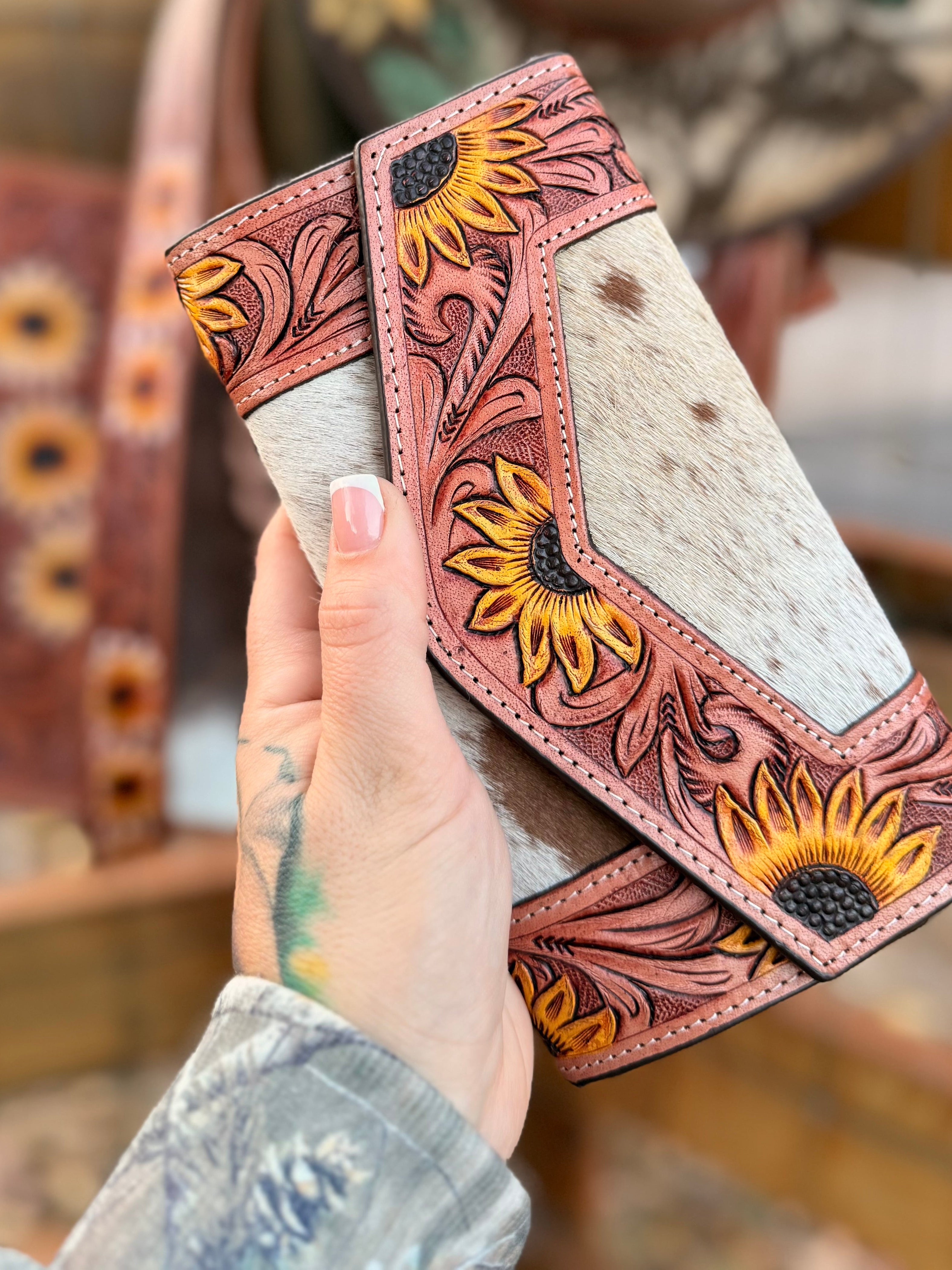 "Wildflower Prairie" Dressed cowhide and brown sunflower tote bag/ wallet combo