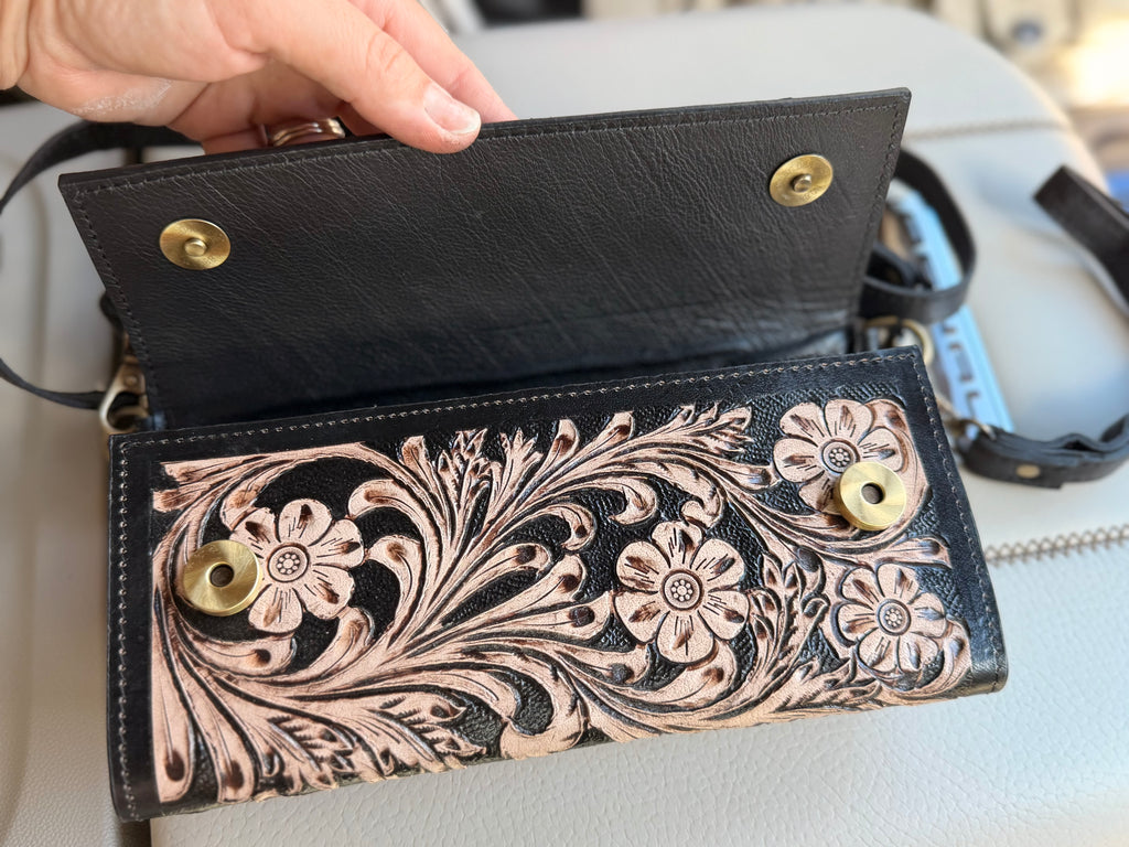 Tooled leather clutch crossbody