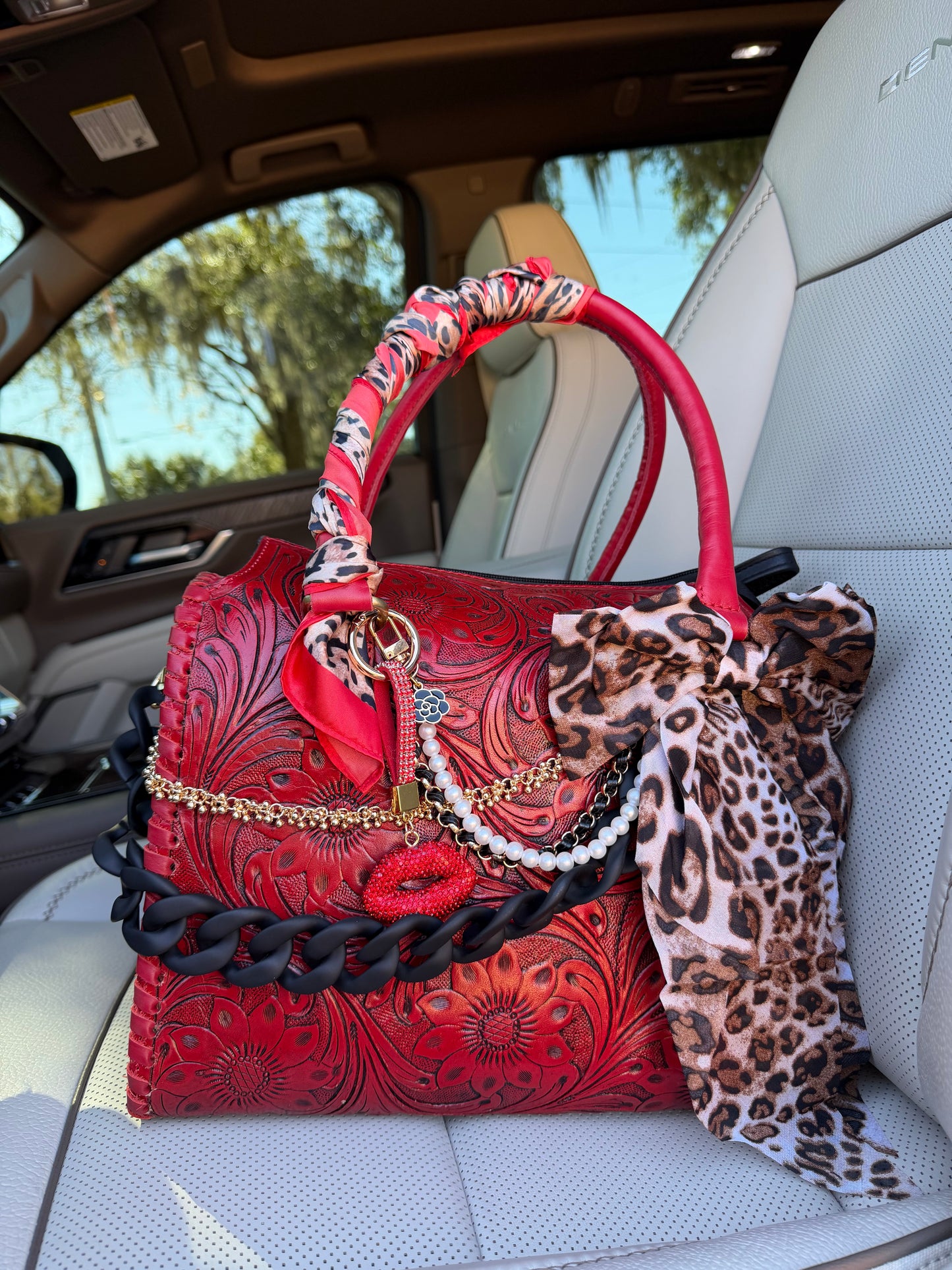 “Scarlet Kiss Cowgirl”- red tooled speedy tote, red/cheetah/black accents