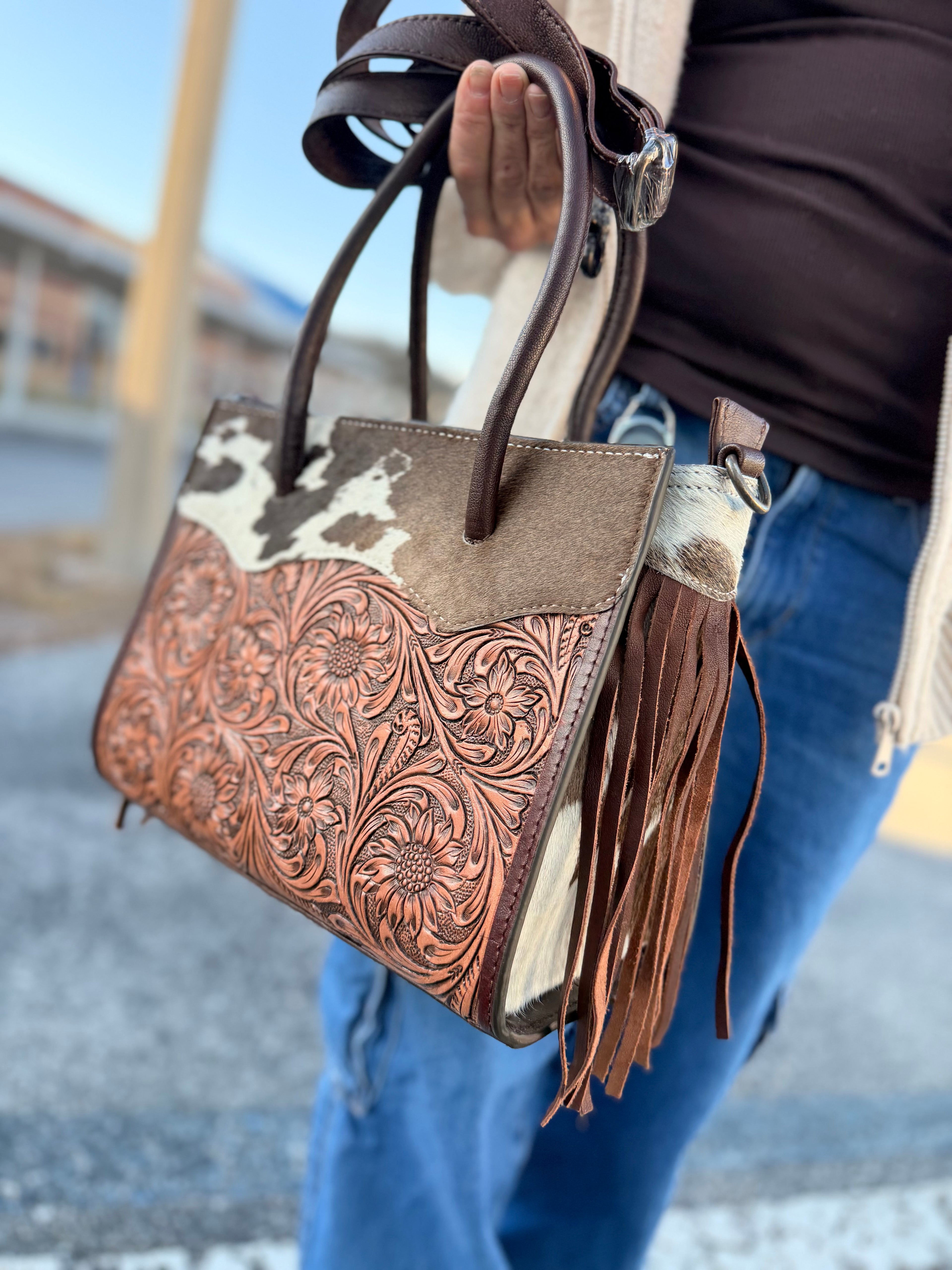 The “Mandie” tooled fringe tote checker  bag - by the Painted Porches