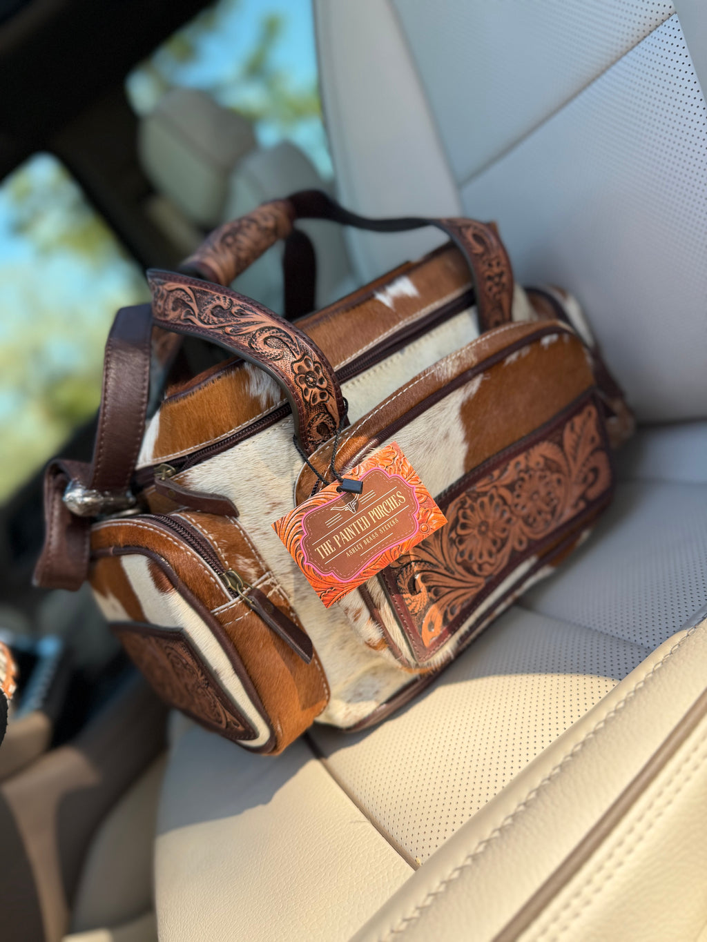 Brown and white hide TOOLED leather/ cowhide Lunch bag