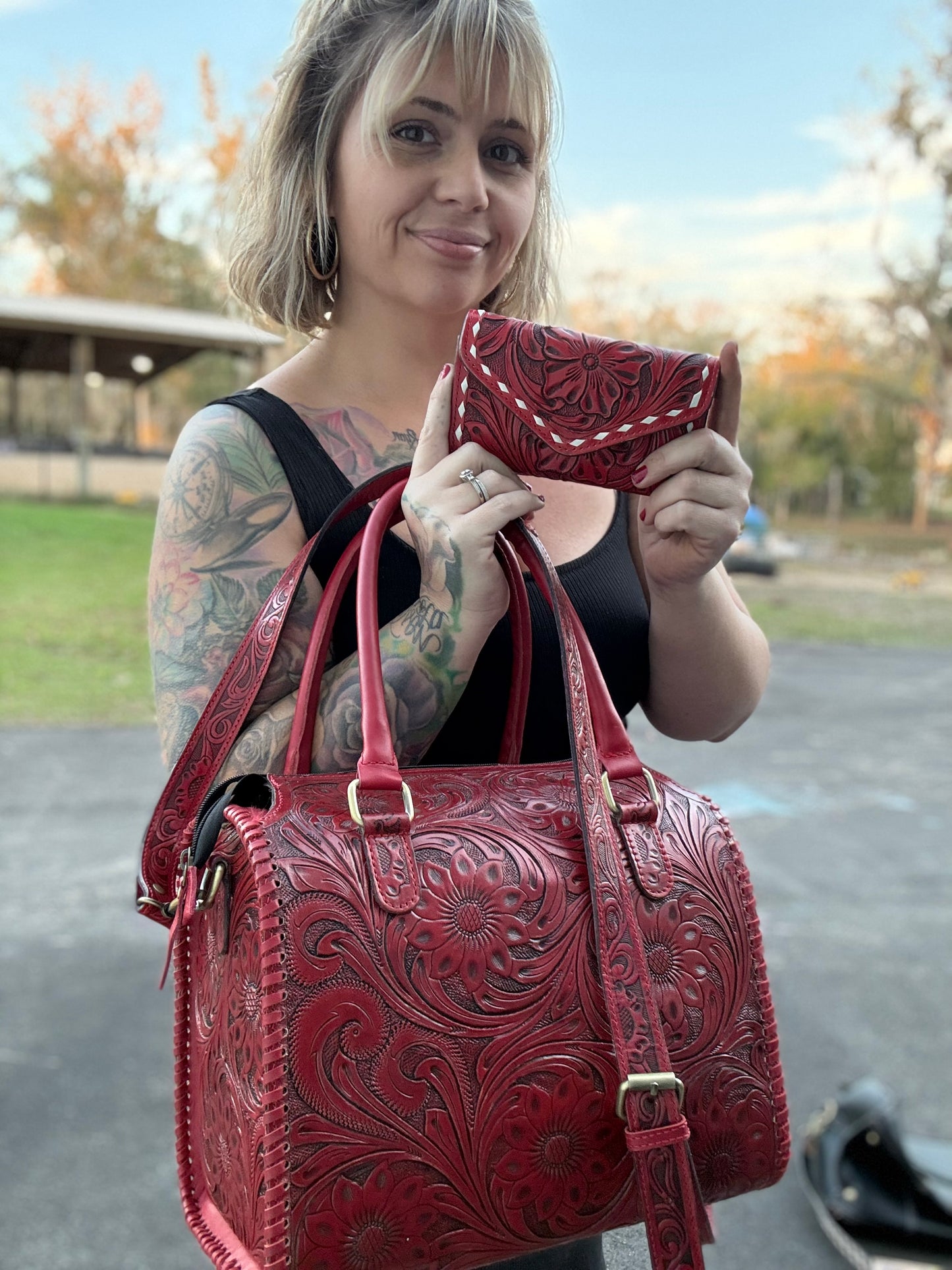 Red tooled leather speedy and wallet set