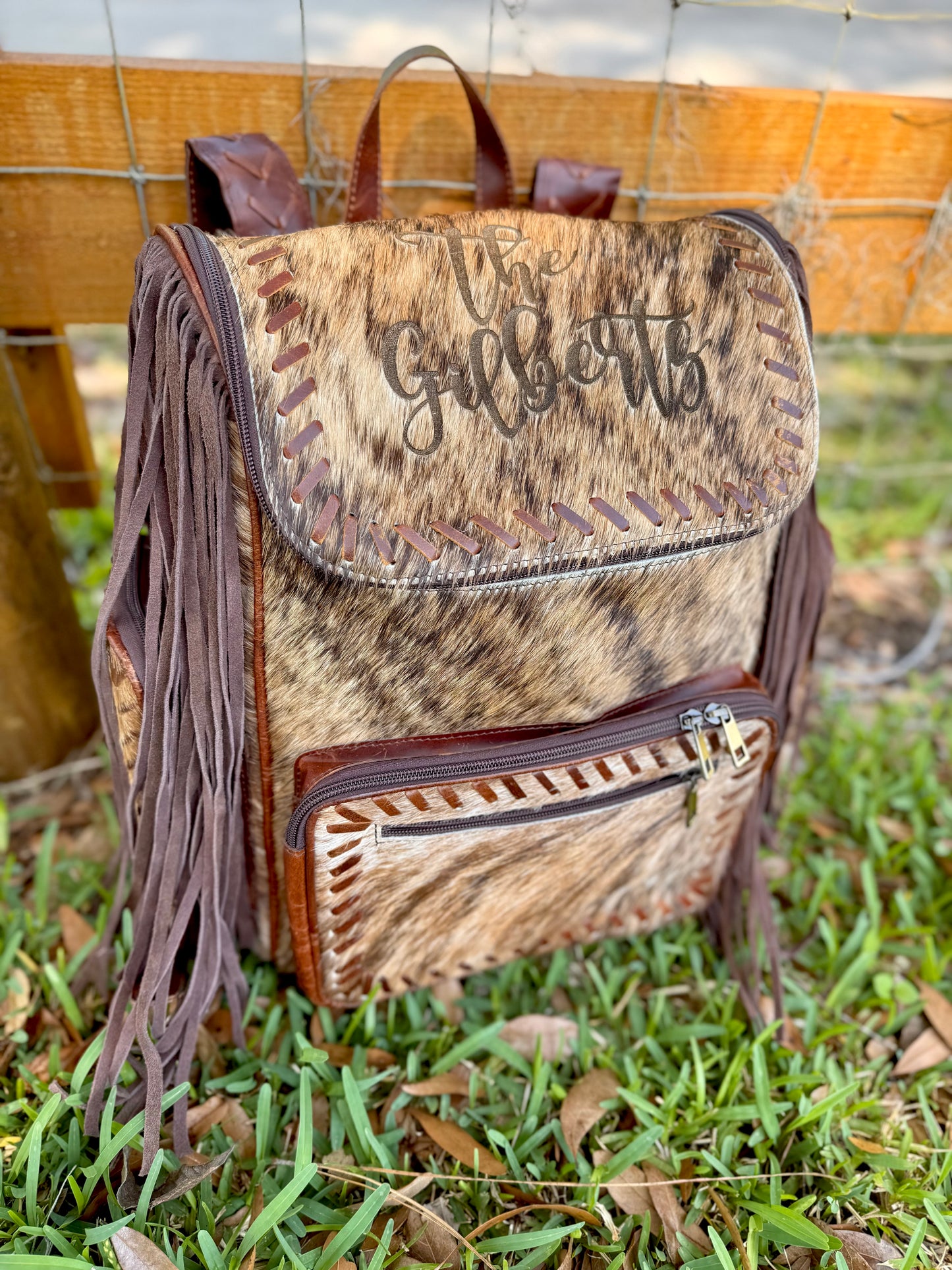 Engraved bookbag with fringe