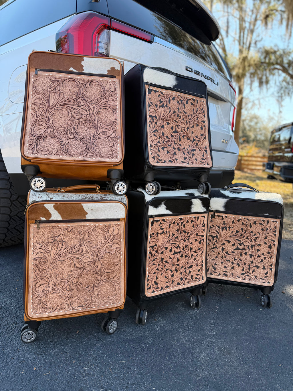 Suitcase - tooled leather and cowhide