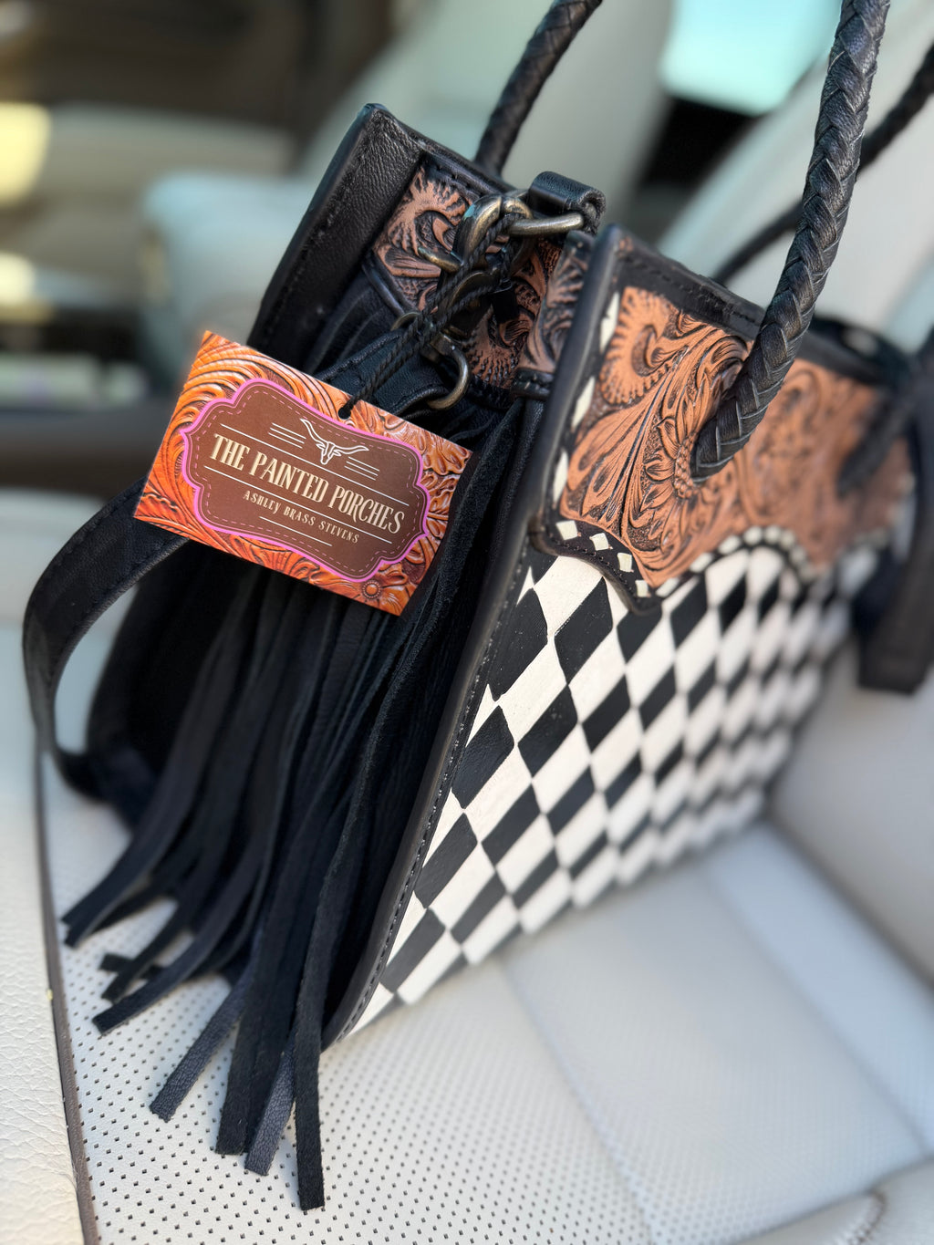 The “Charlotte” tooled fringe tote checker  bag - by the Painted Porches