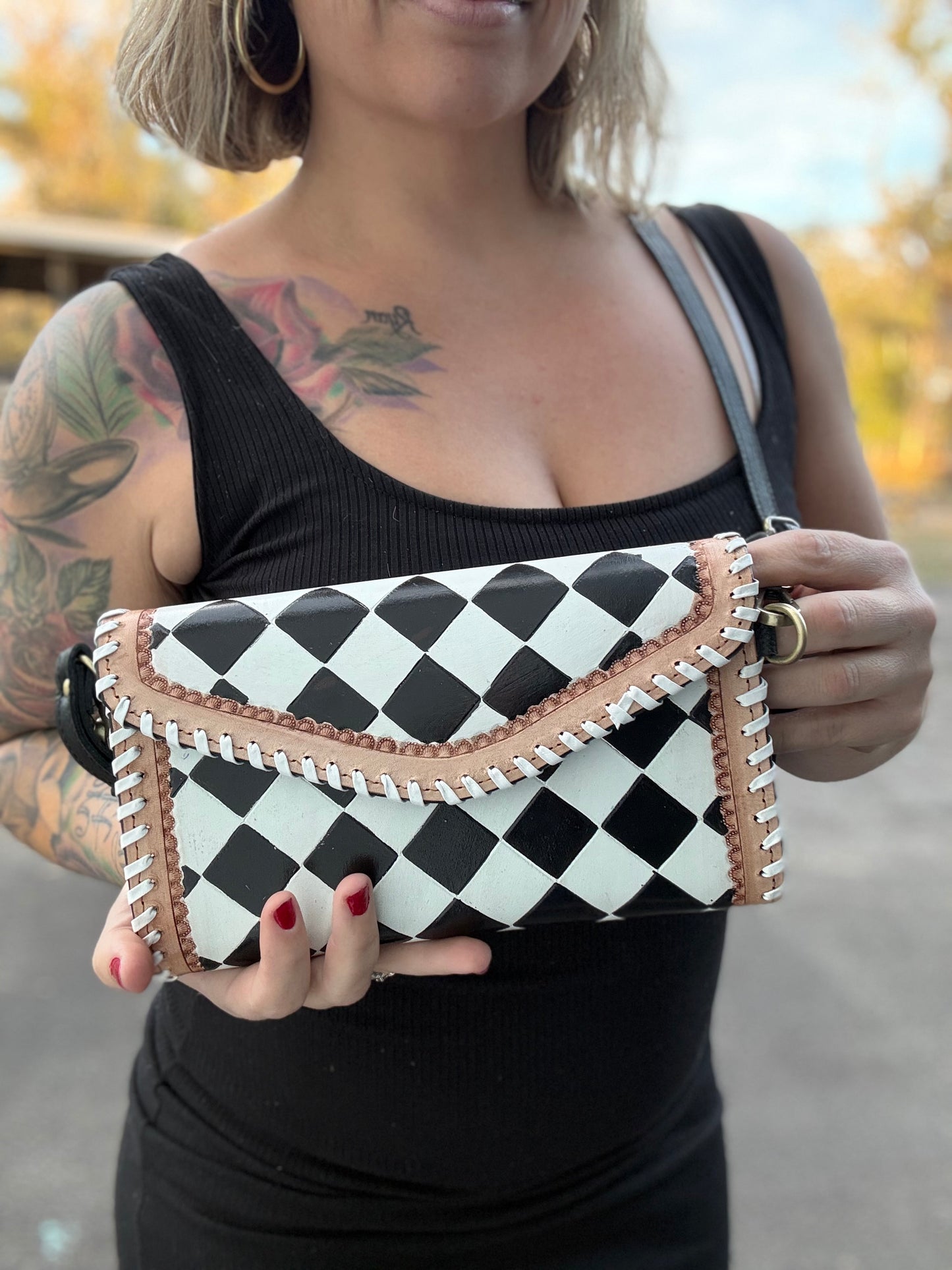 Checker print cross body