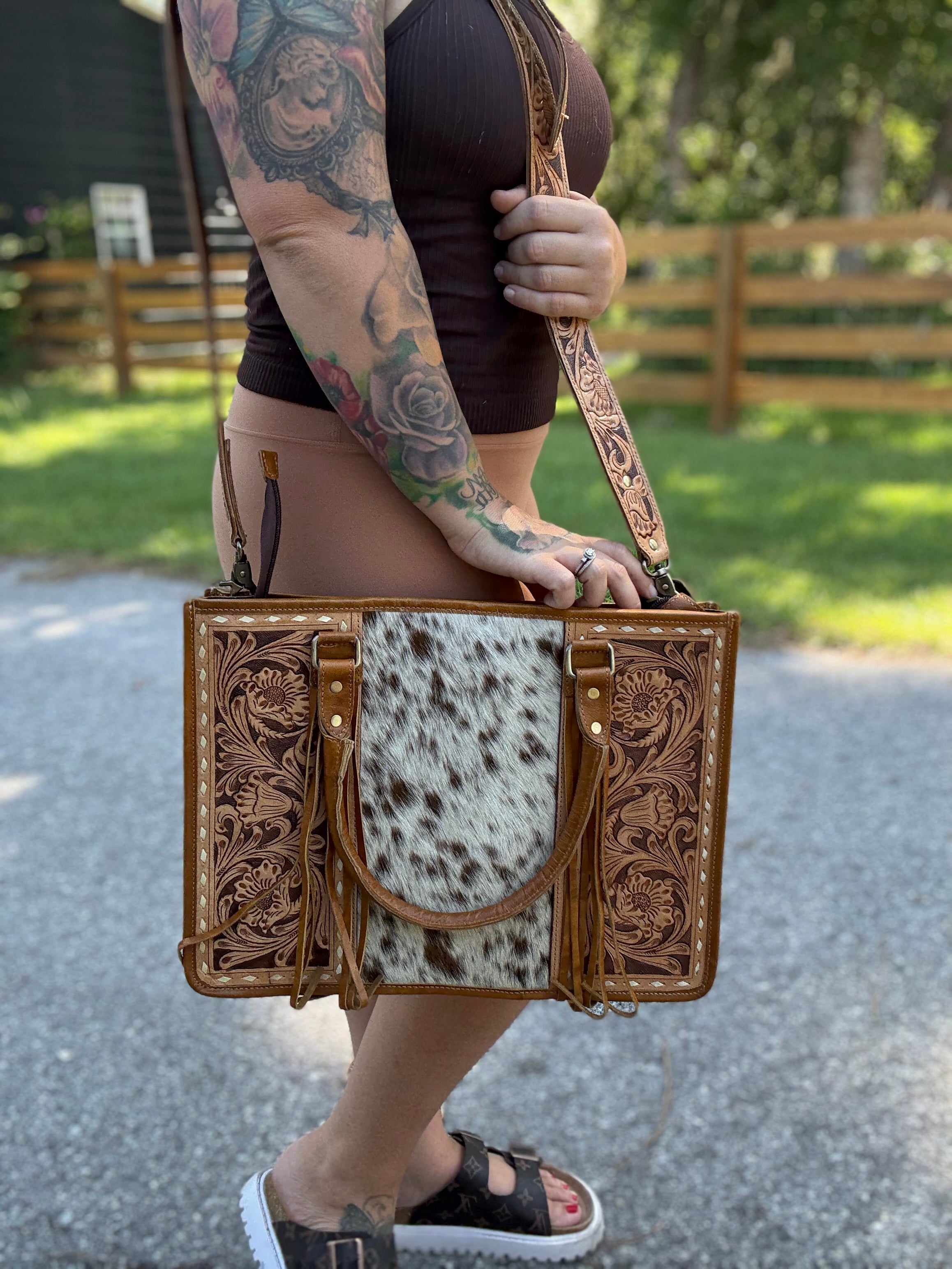 Tooled leather tote bag with fringe- light