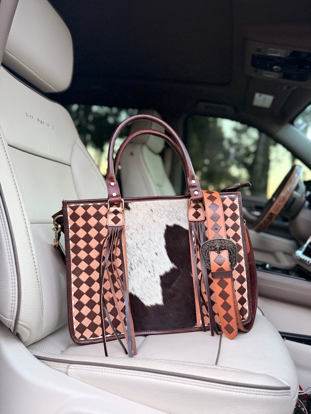 Cowhide and brown and tan checker Tooled leather tote bag with fringe-