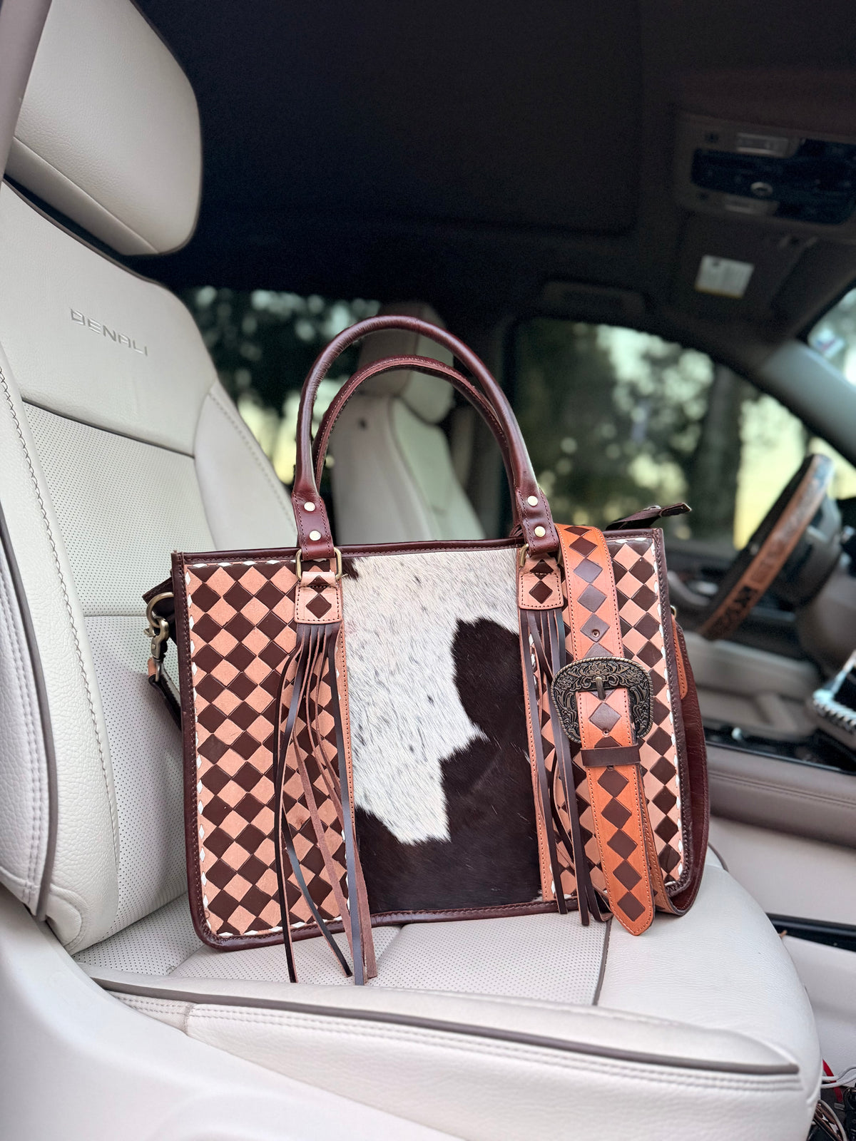 Cowhide and brown and tan checker Tooled leather tote bag with fringe-