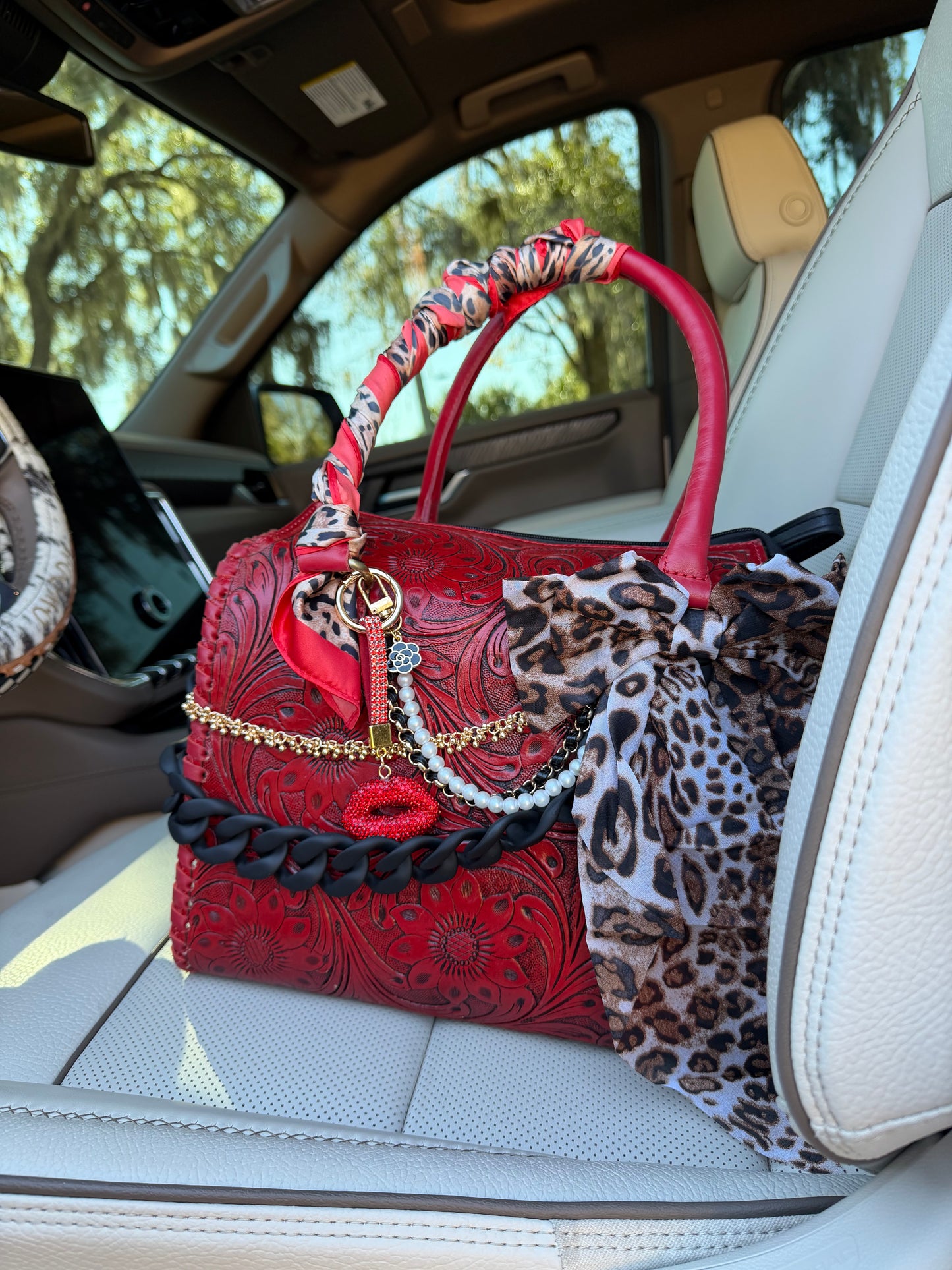 “Scarlet Kiss Cowgirl”- red tooled speedy tote, red/cheetah/black accents