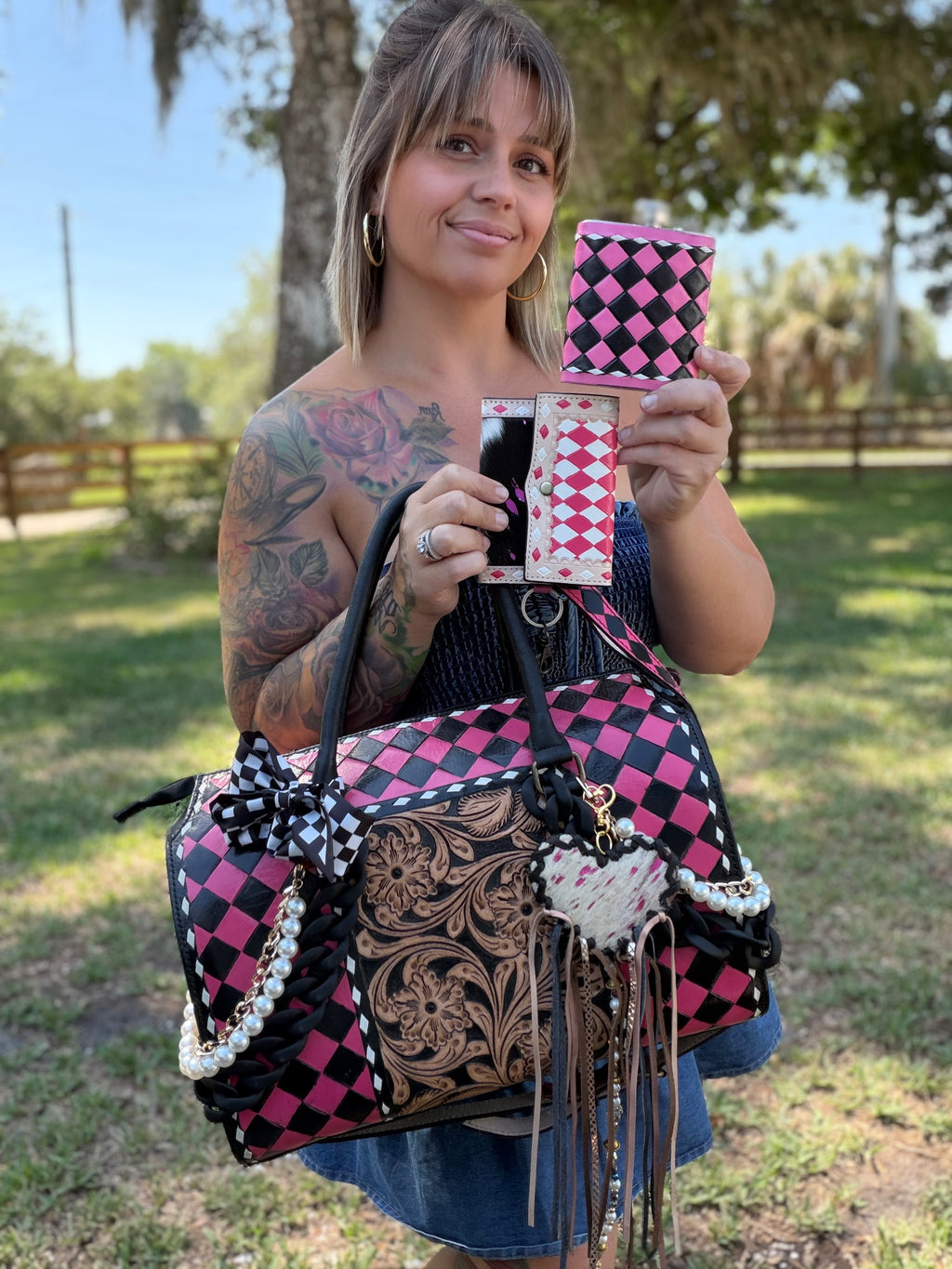 “Rodeo Runway” Pink/black checker and tooled leather speedy (Duffle)