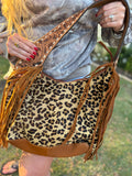 Cheetah print cowhide purse wirh fringe