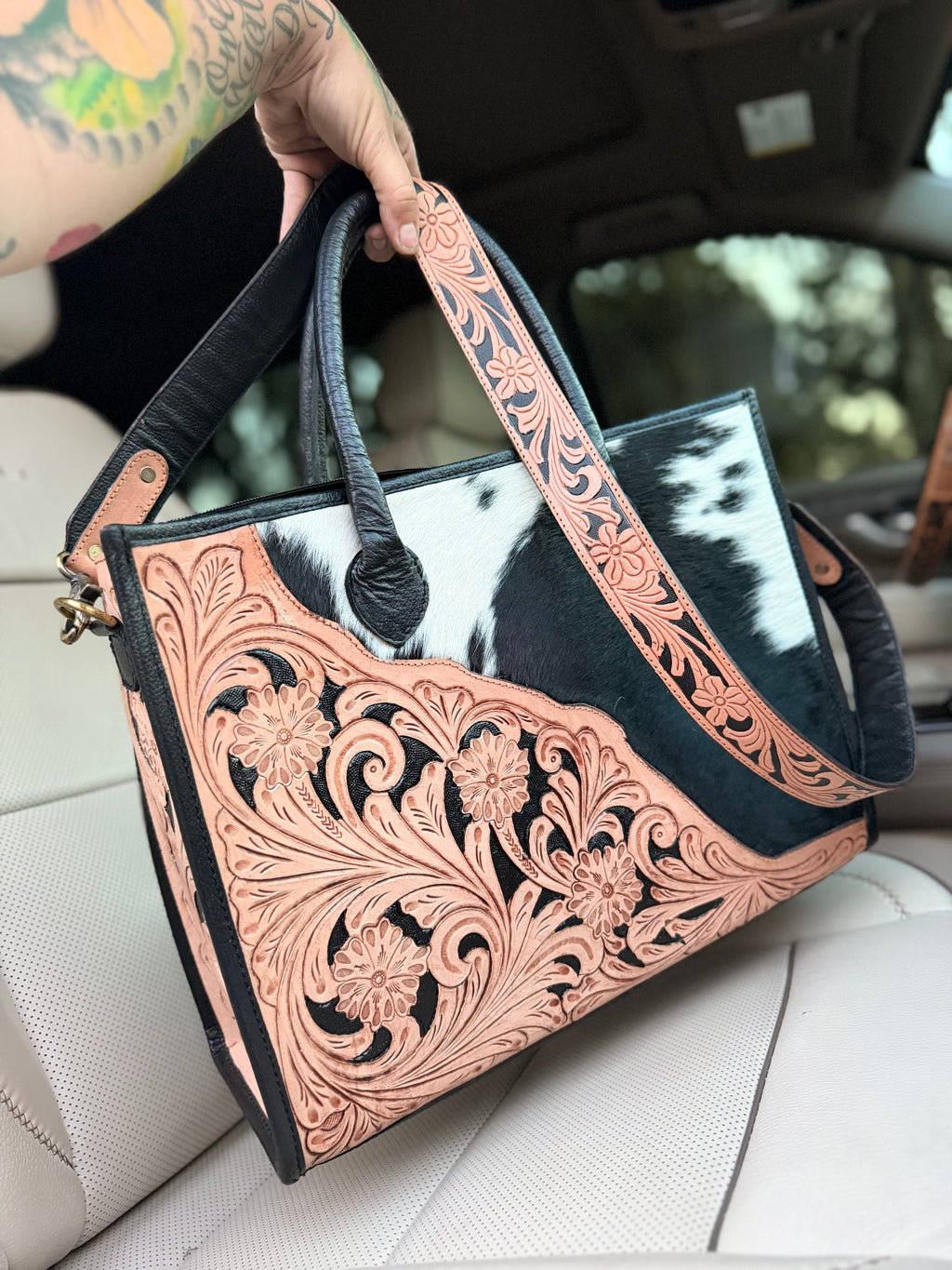 High quality tooled leather tote bag