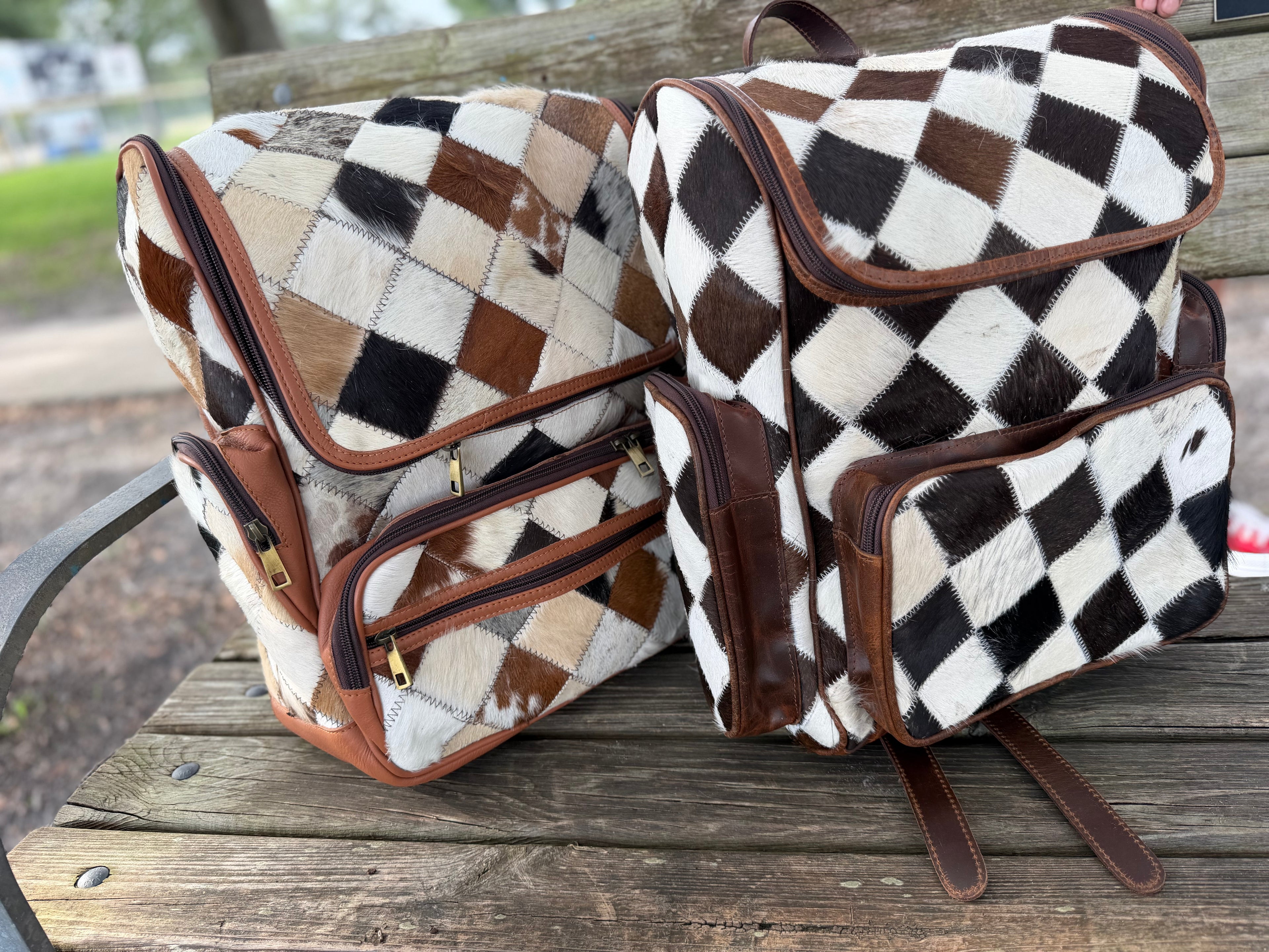 Patchwork cowhide bookbag