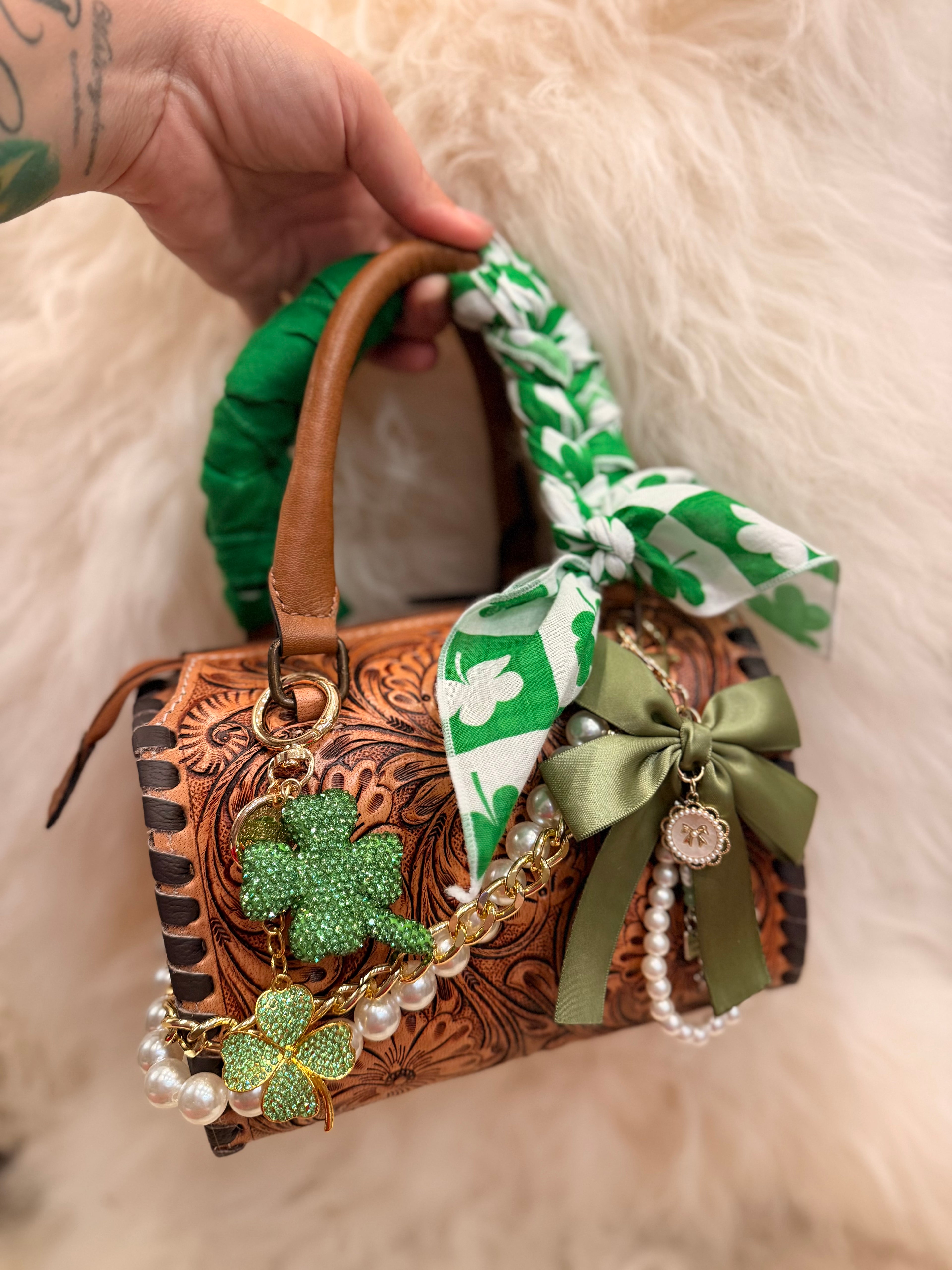 “luck Of The Irish" - brown tooled leather speedy (mini)