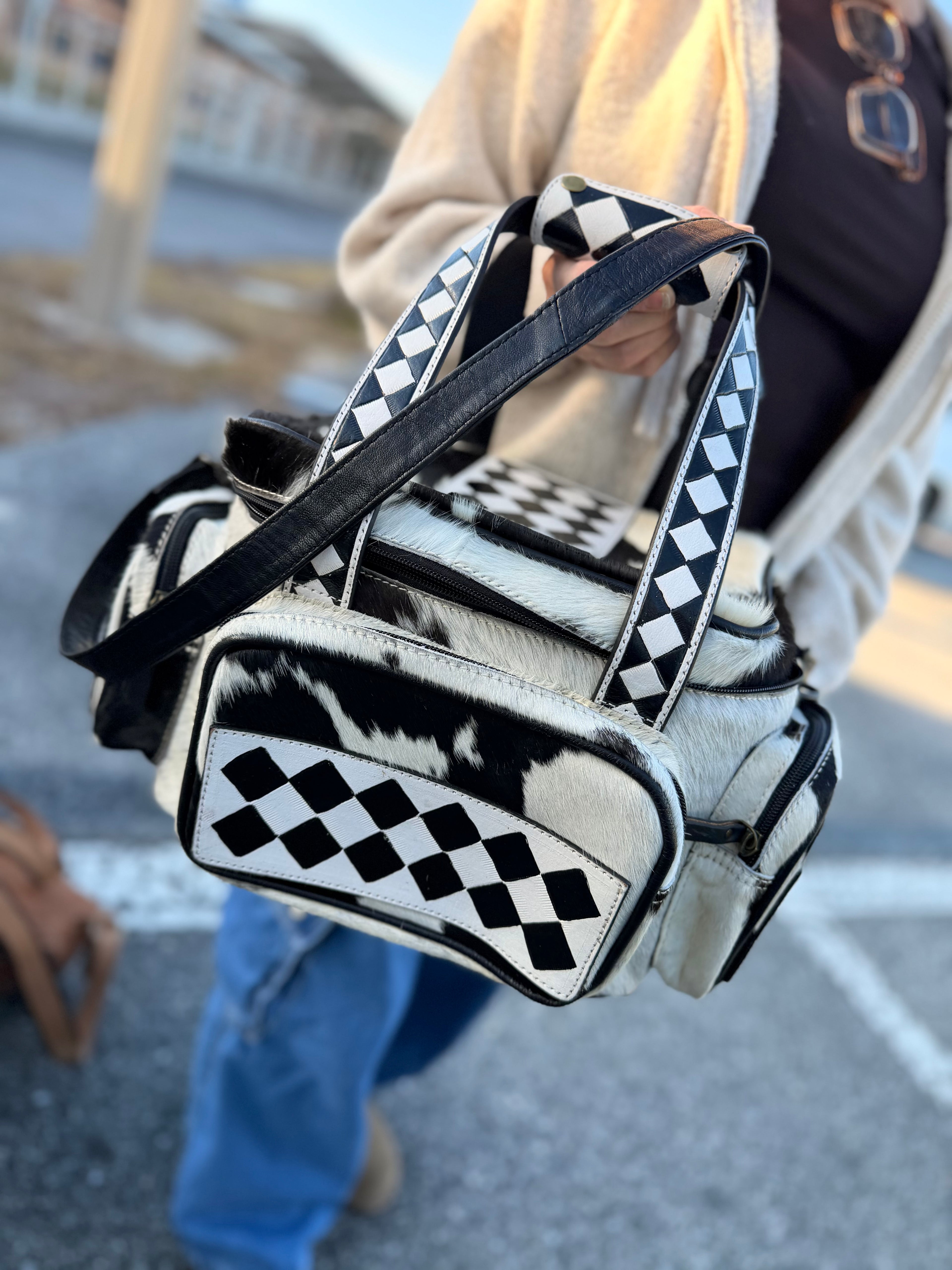 CHECKER TOOLED leather/ cowhide Lunch bag