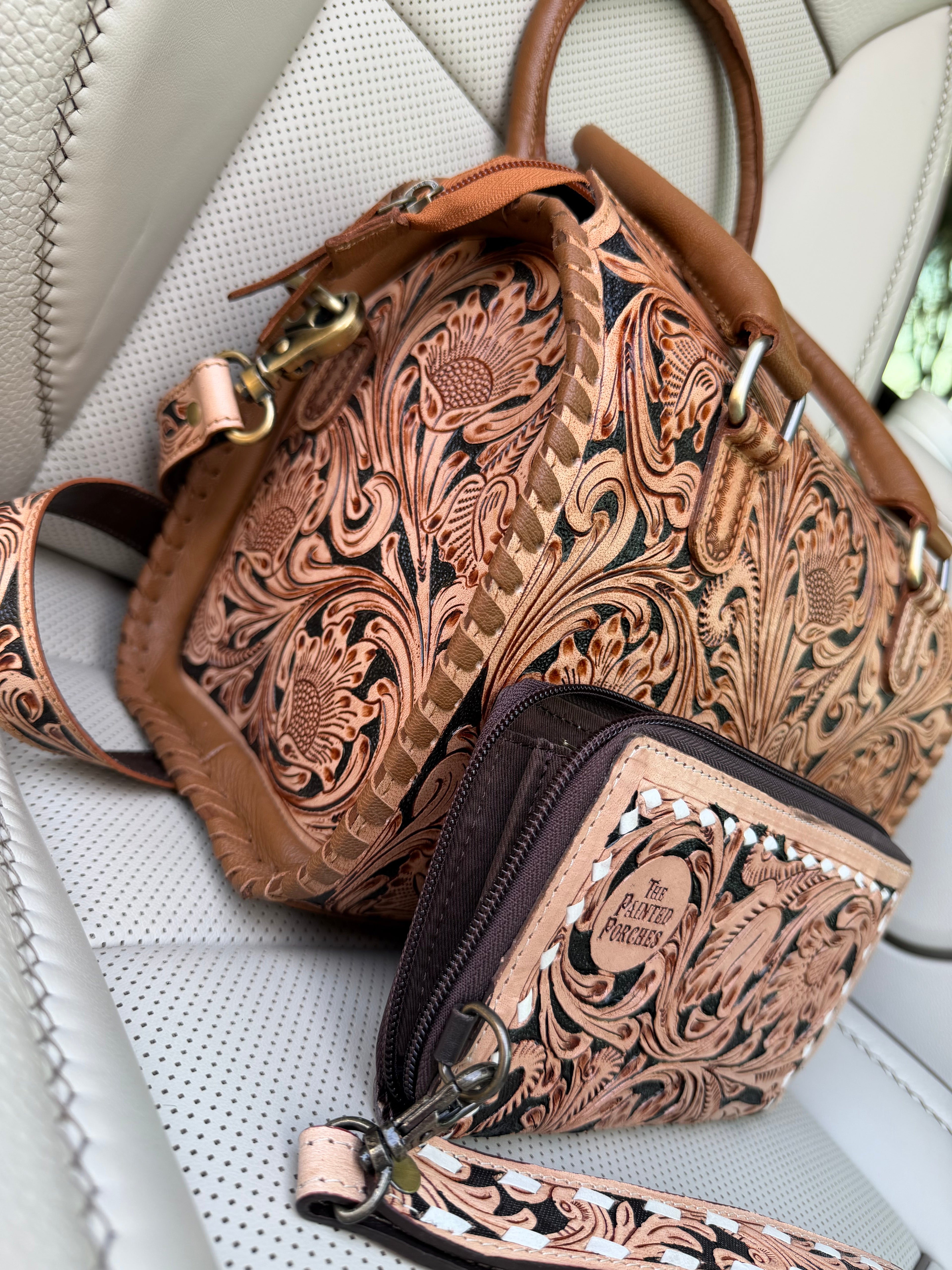 Tooled leather speedy and "Josie" clutch set (M)