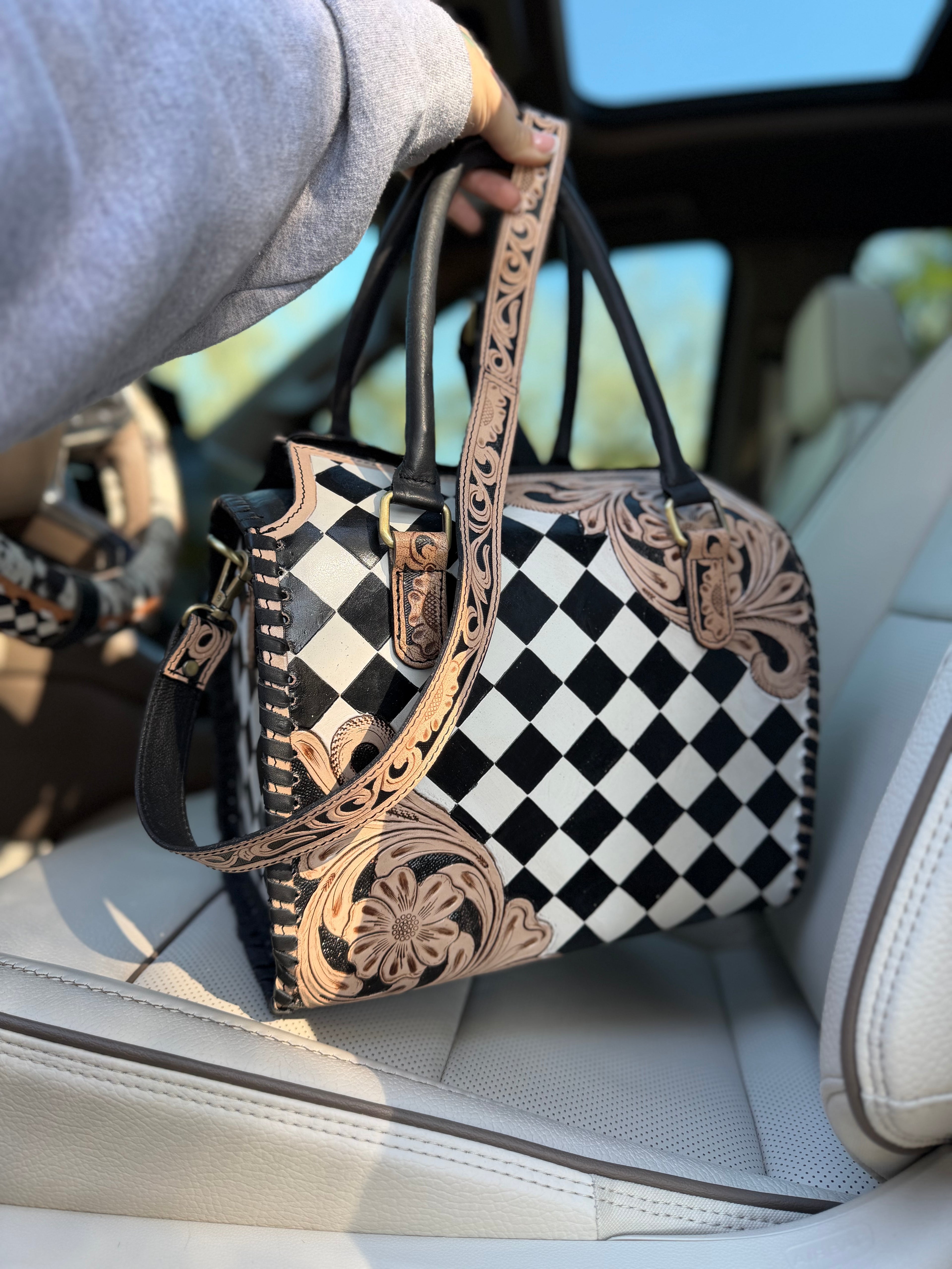 Floral Checker tooled leather speedy (L)